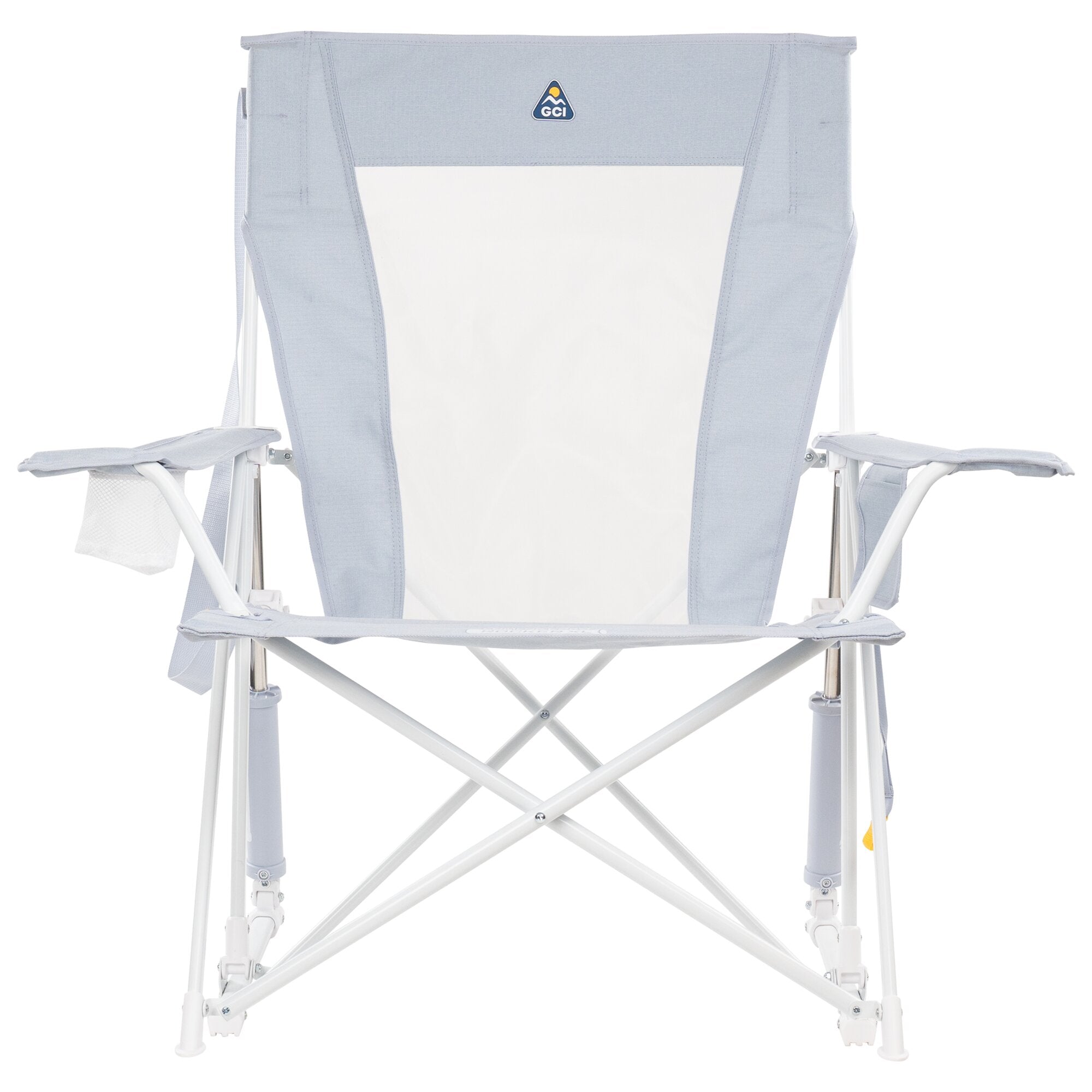 Hellgrauer Camping-Schaukelstuhl Comfort Pro Rocker XL, Rückenlehne aus Stoff mit GCI-Logo, weißem Metallrahmen und Armlehnen