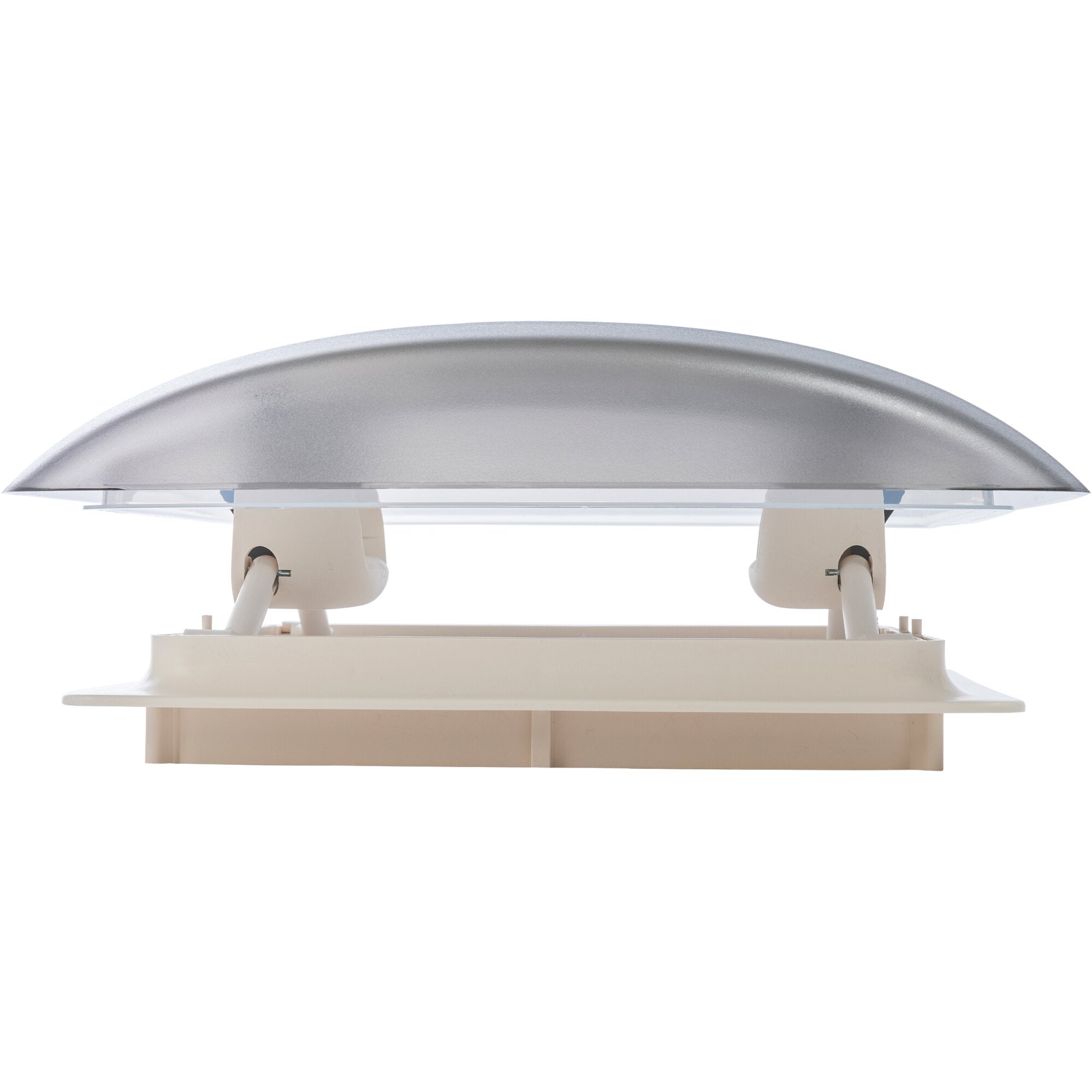 VisionVent S eco Dachhaube mit rundem silbernen Oberteil und cremefarbene Basis, sichtbare Scharnierarme