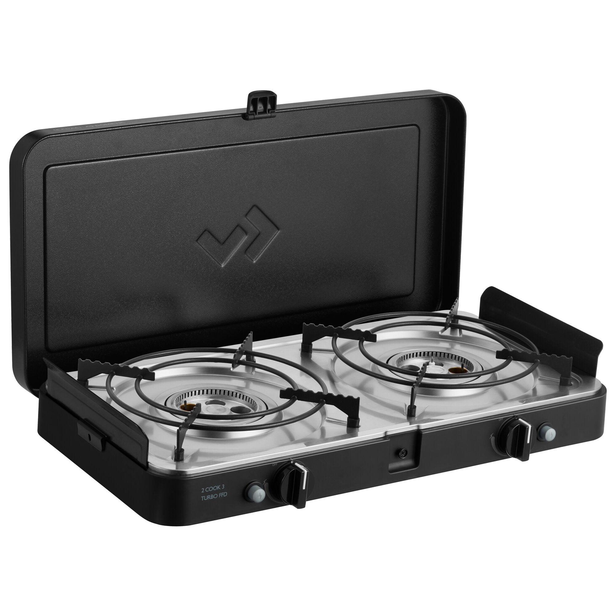 Schwarzer Gaskocher 2 Cook 3 Turbo FFD Deluxe, zwei Brenner, Deckel geöffnet, stabile Metall-Brennplatten und seitlicher Bedienknopf