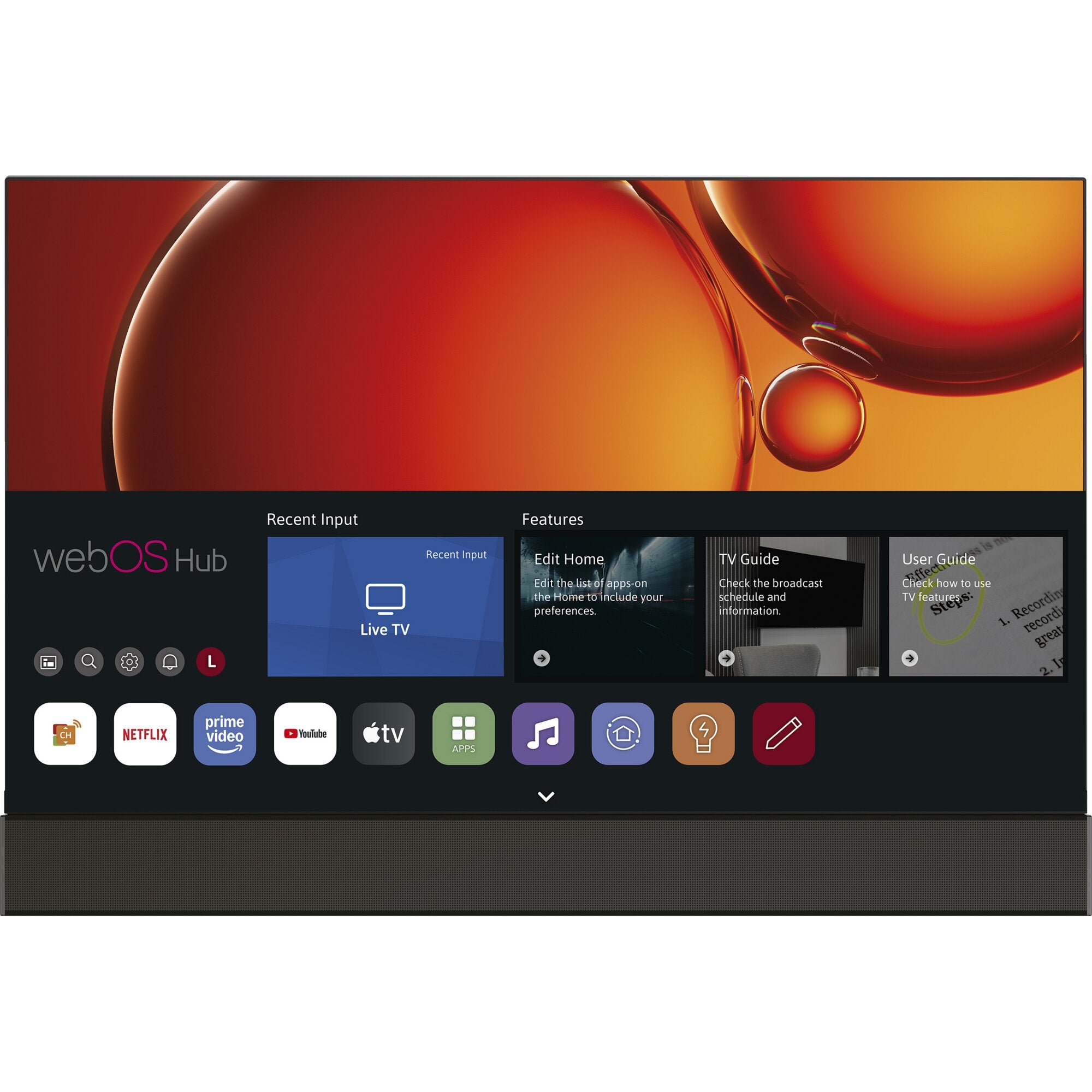 Breiter Flachbildfernseher mit dünnem Rahmen zeigt orange-rotes Wallpaper und WebOS-Oberfläche mit Netflix, Prime Video und YouTube