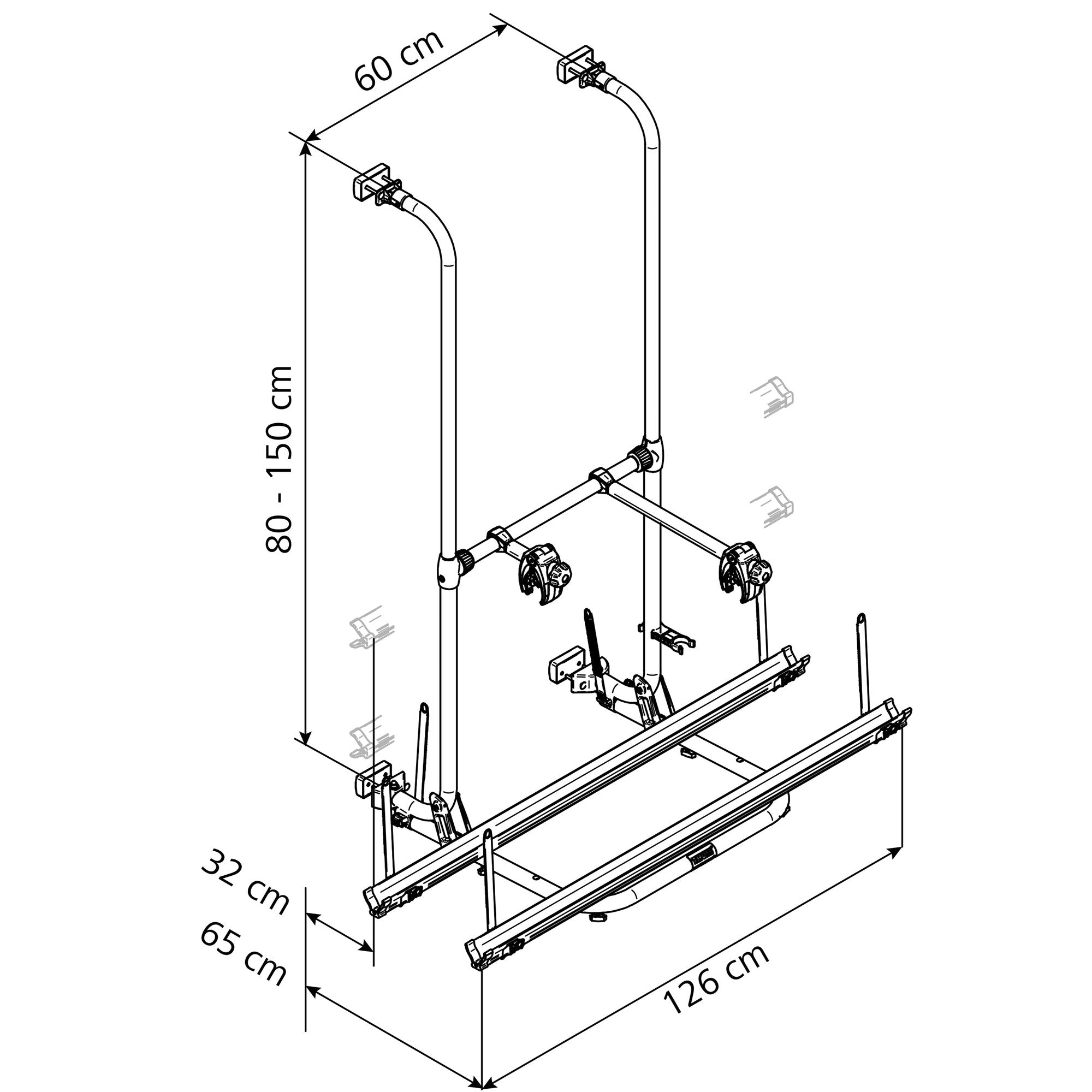 Technische Zeichnung des Thule Sport G2 Standard Fahrradträgers: Armhalterungen, Klemmvorrichtungen und Maße (Länge 126 cm, Breite 65 cm, Höhe 80–150 cm)