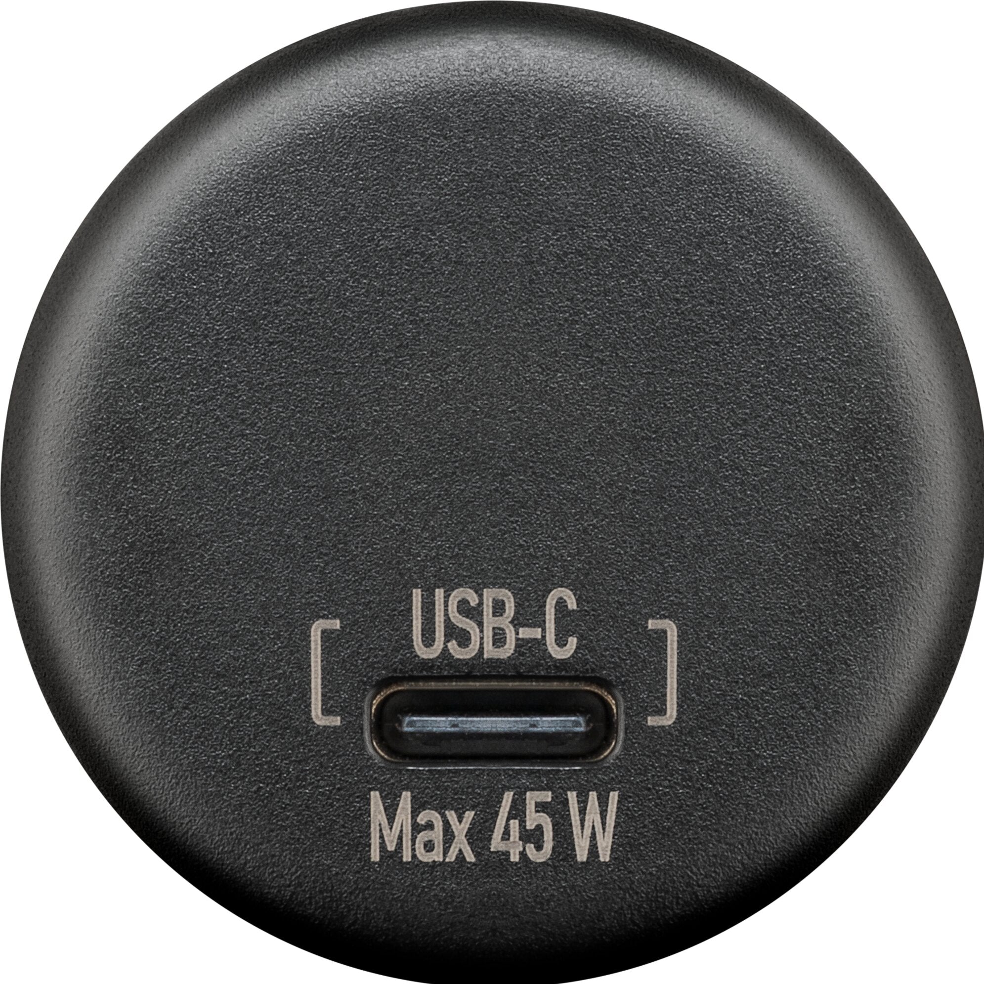 Runde schwarze Gehäuseoberfläche eines USB-C Einbauladegeräts, sichtbarer USB-C Port und Beschriftung USB-C Max 45 W