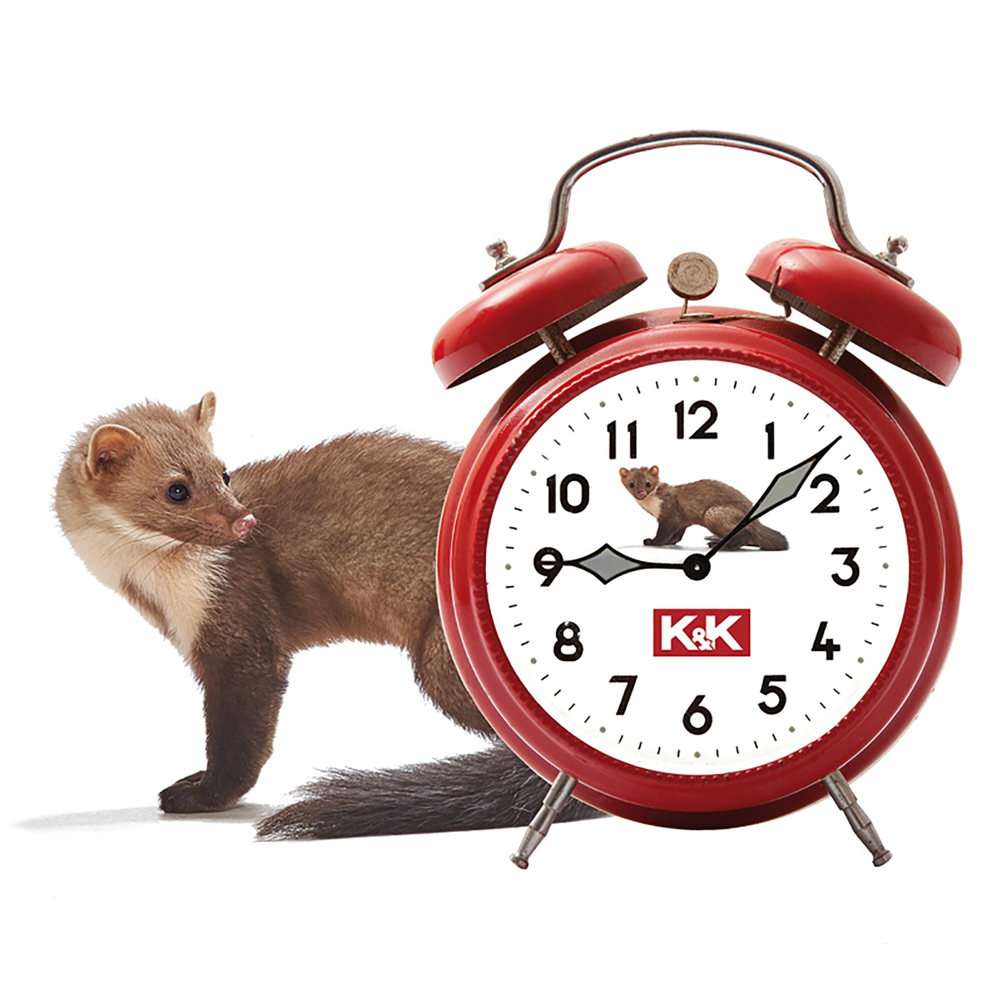 Roter analoger Wecker mit zwei Glocken und Metallständer; links eine braune Ratte, eine kleine Maus auf dem Zifferblatt, K&K-Logo unten