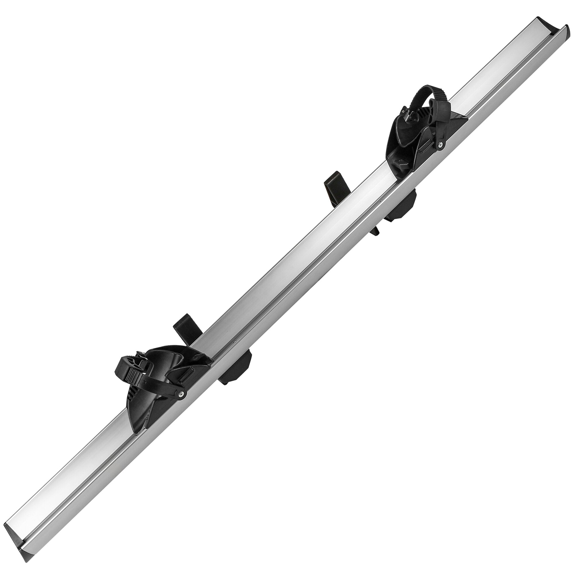 Diagonal verlaufende silberne Aluminium-Schiene mit schwarzer Befestigungs- und Verstellvorrichtung sowie einem runden Zahnrad-Halter