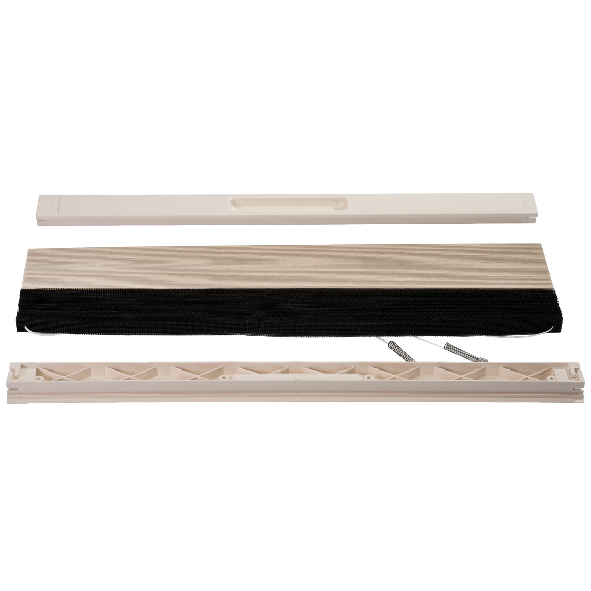 Komplettes Rollosystem für Midi Heki FL mit weißem Gehäuse, beigefarbenem Stoff und darunter schwarzer Stoffbahn, Zugteile sichtbar
