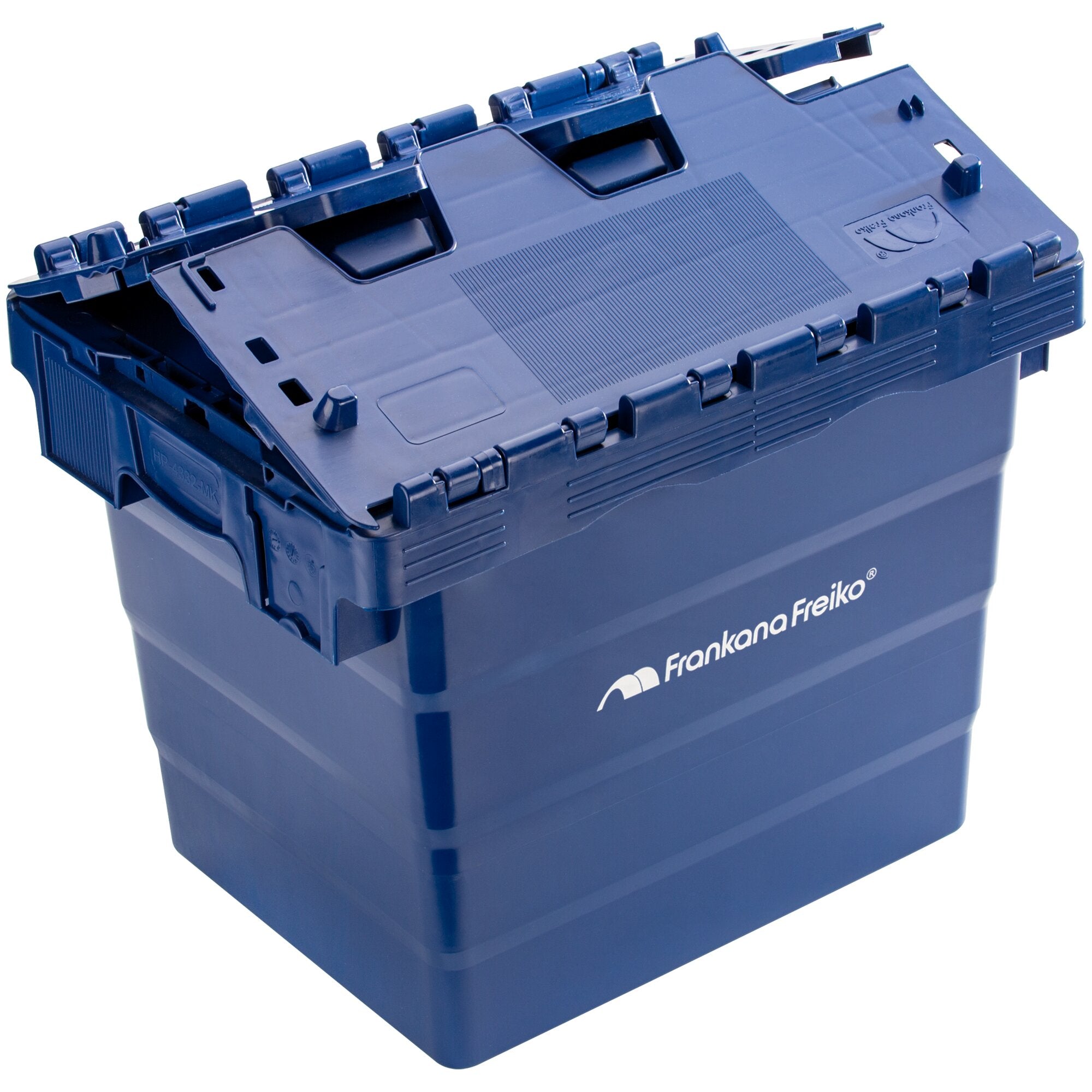 Blaues Kunststoff-Transportbox mit festem Deckel, integrierter Griffmulde und mehreren Verschlusslaschen am Rand; seitlich sichtbares Logo