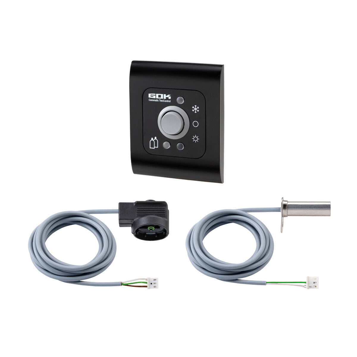 Schwarzes Wandsteuergerät Caramatic TwoControl mit silbernem Drehknopf und Symbolen, zwei graue Kabel und eine Metalltemperatursonde
