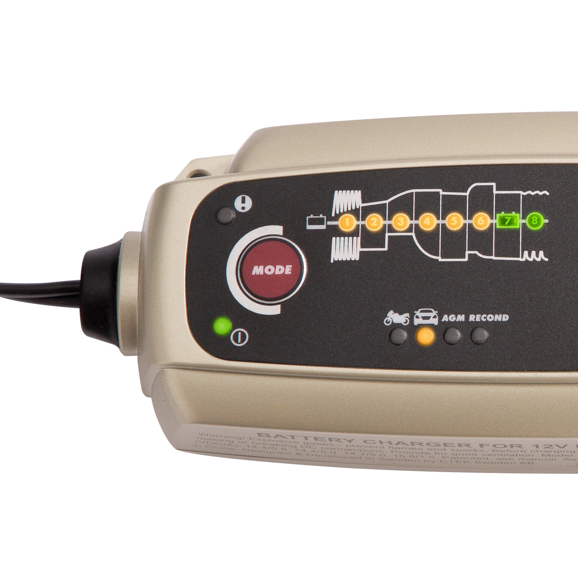 Teilansicht eines beige/grauen Batterieladegeräts MXS 5.0 mit schwarzer Front, MODE-Knopf, Reihe orangefarbene Zahl-LEDs und grünen Status-LEDs