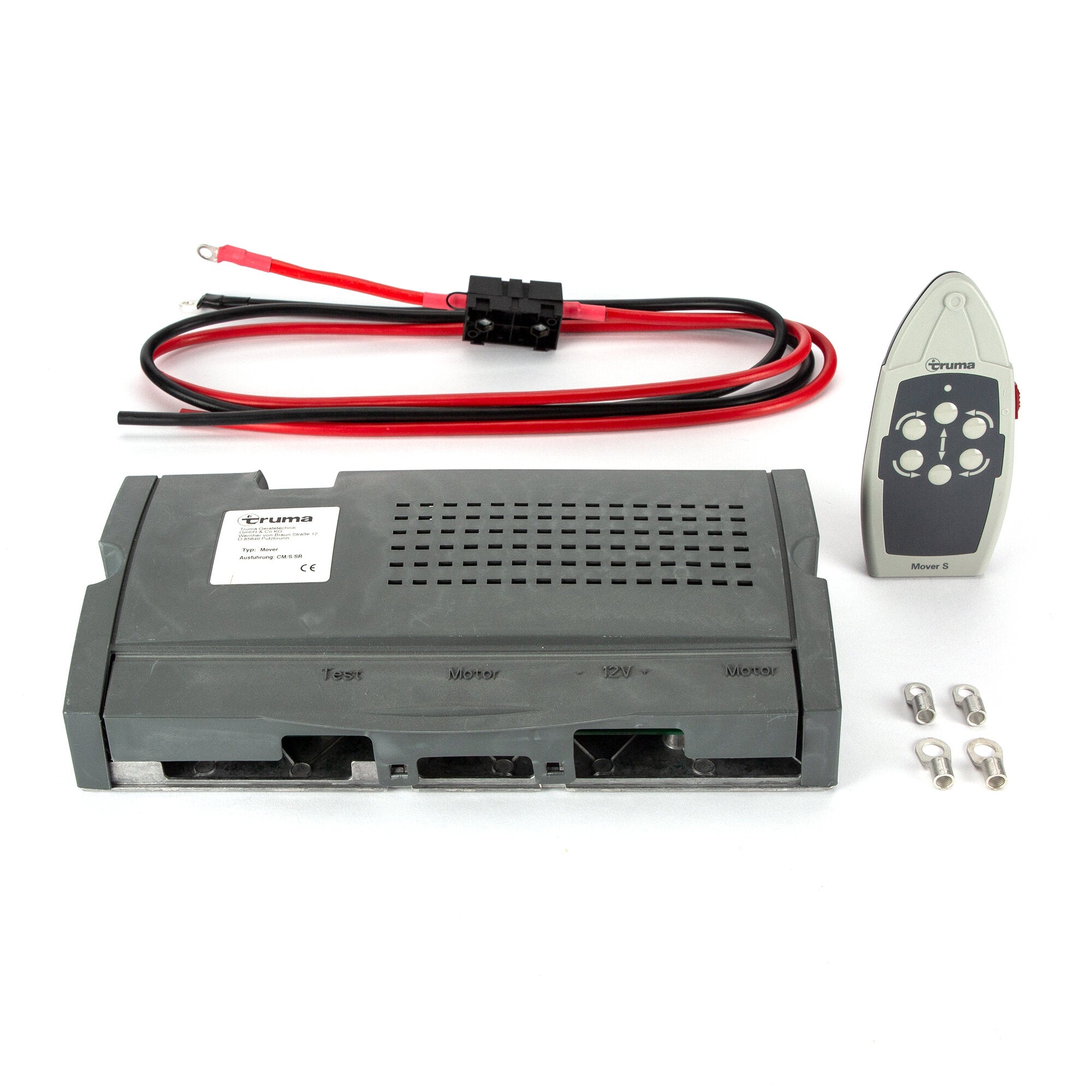 SR-Steuerungsset mit Fernbedienung und Batterieanschlusskabel, schwarzes Gehäuse und roten und schwarzen Kabeln, Fernbedienung rechts