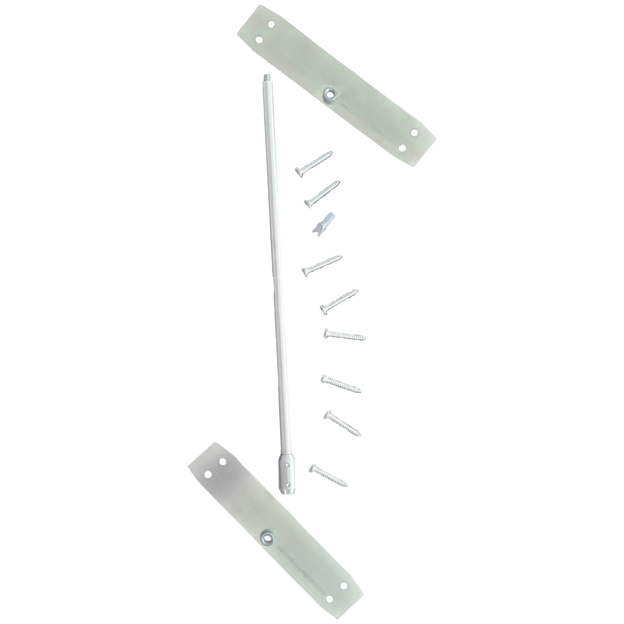 Montageset aus zwei Metallwinkelplatten mit Bohrungen, einer langen Stange, Schrauben und Kleinteile zur Befestigung eines Dachhaubenschutzes