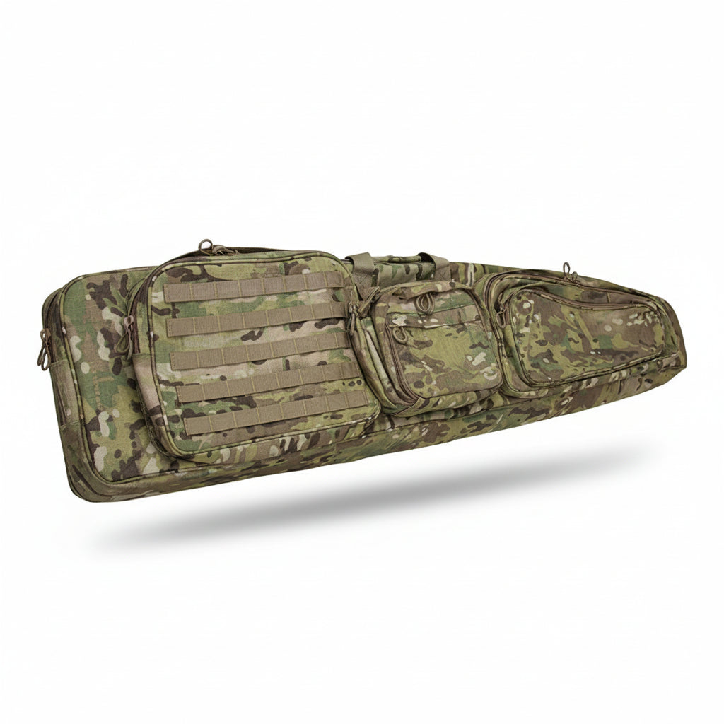Multicam-farbene Eberlestock Sniper Sled Drag Bag 57" mit drei Reißverschlusstaschen und MOLLE-System aus robustem Material,