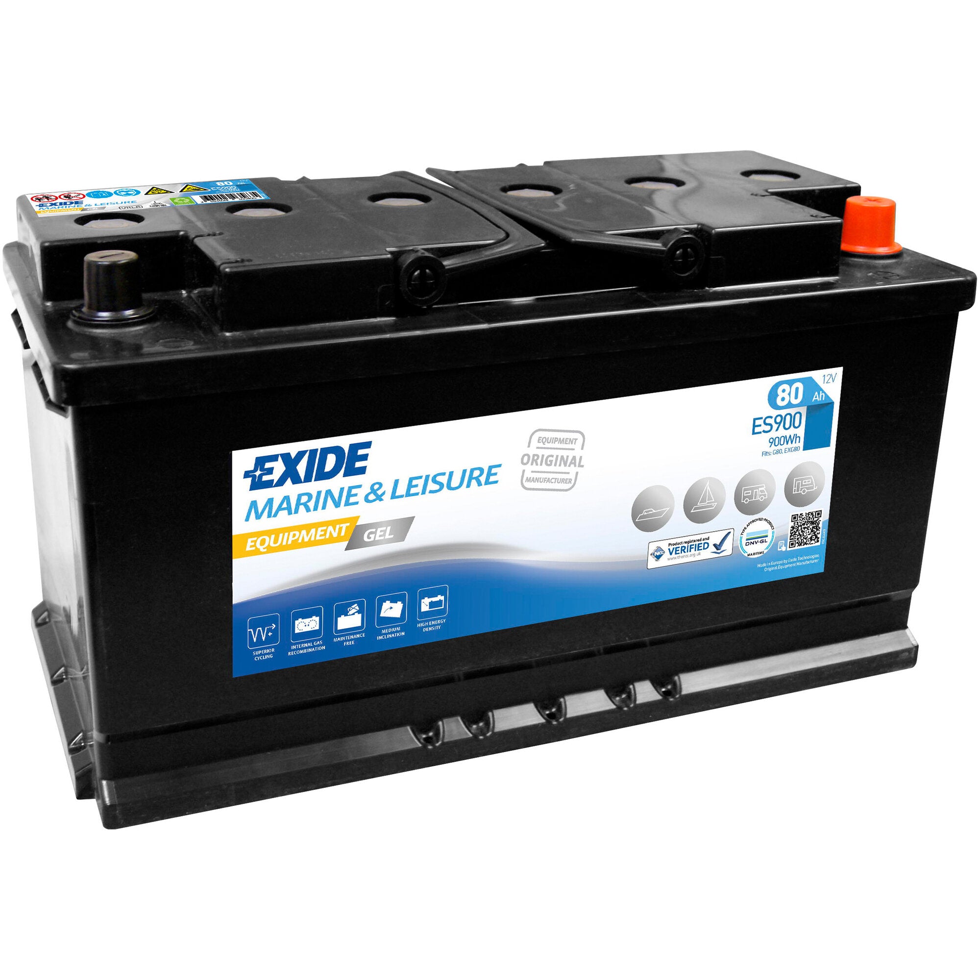Schwarze Gel-Batterie mit linkem Minuspol und rechts orangefarbenem Pluspol; Etikett zeigt 80 Ah, ES900 und Exide Marine & Leisure
