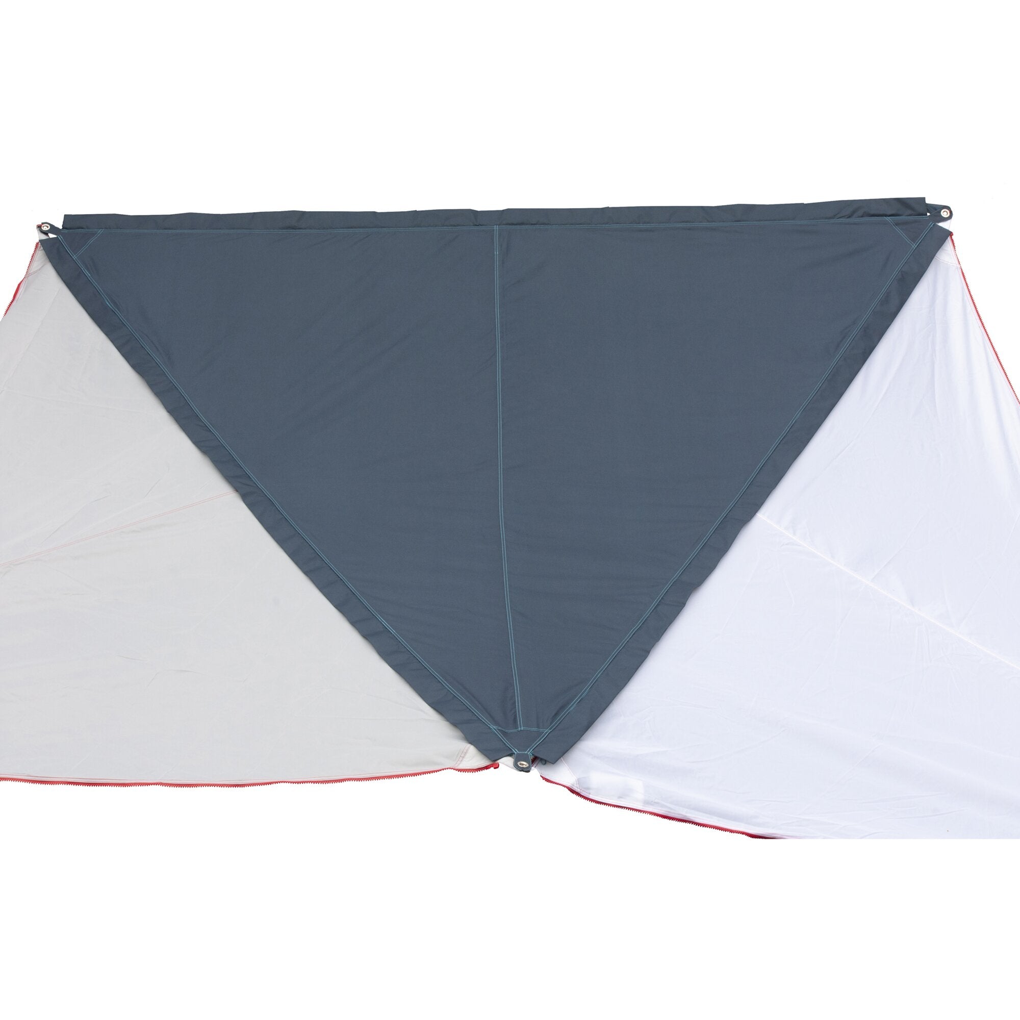 Sonnensegel TC-Zip Protect Canvas in sepia blue, sichtbar zugeschnittenes Segel mit hellblauen Ziernähten, rotem Reißverschluss am Rand