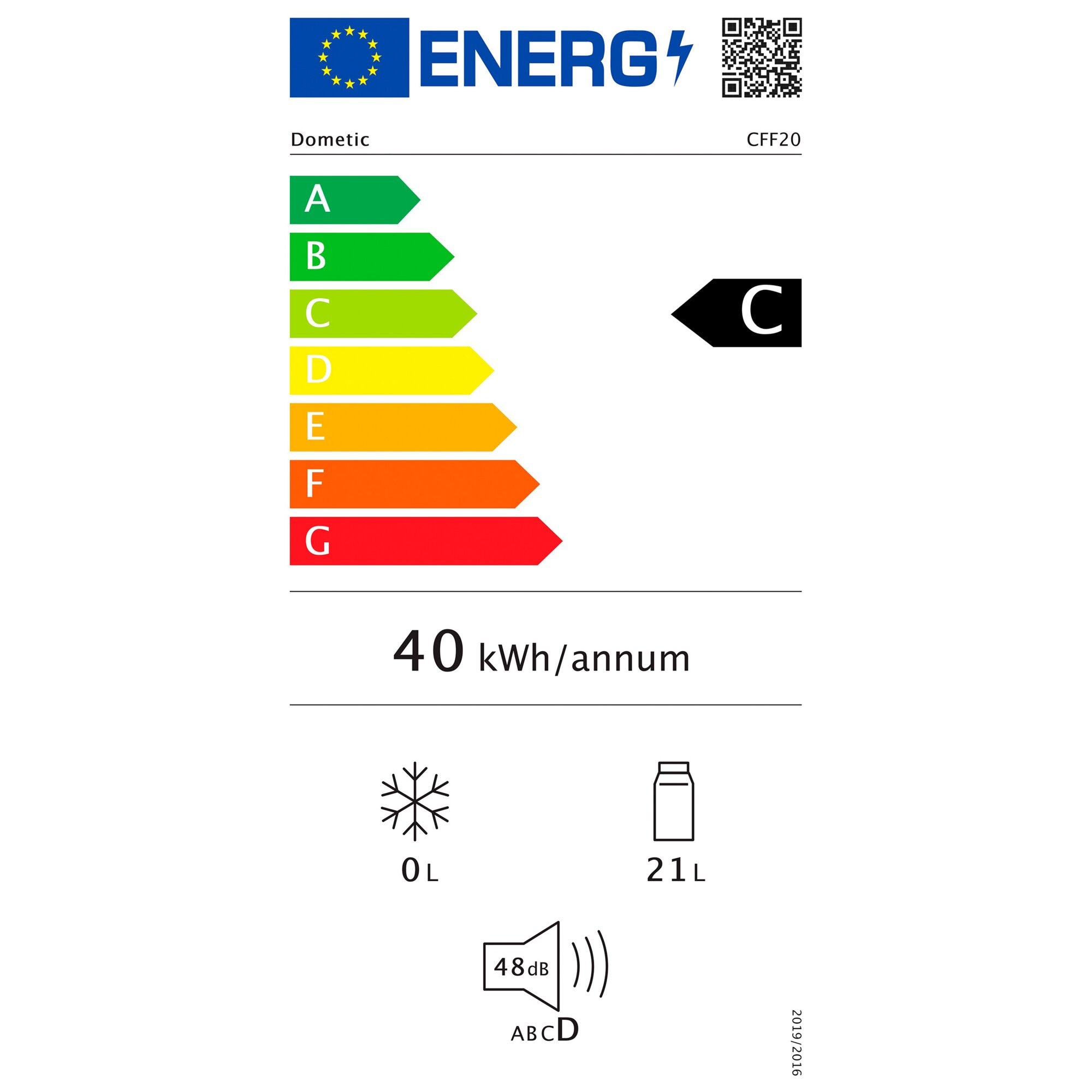 Europäische Energiekennzeichnung für Dometic CFF20 Kompressor-Kühlbox; A–G Balken, Klasse C, 40 kWh/annum, 21 L Kapazität, 48 dB