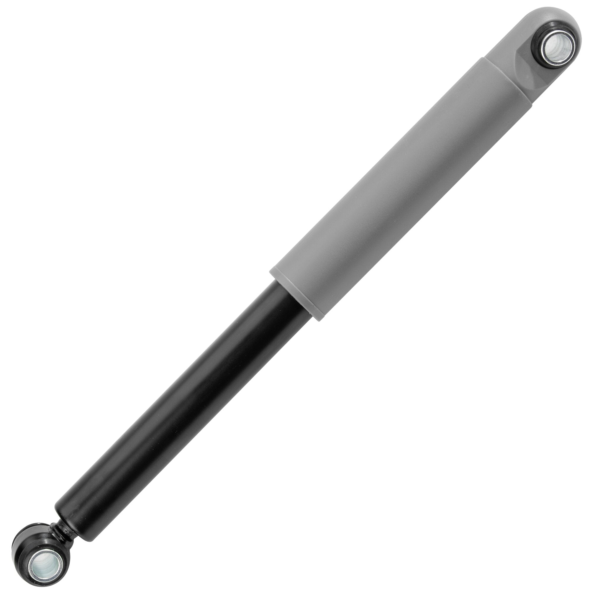 Diagonal abgebildeter Radstoßdämpfer mit schwarzem Zylinder und grauer Gehäusehülle; beide Enden mit runden Augenbuchsen aus Metall