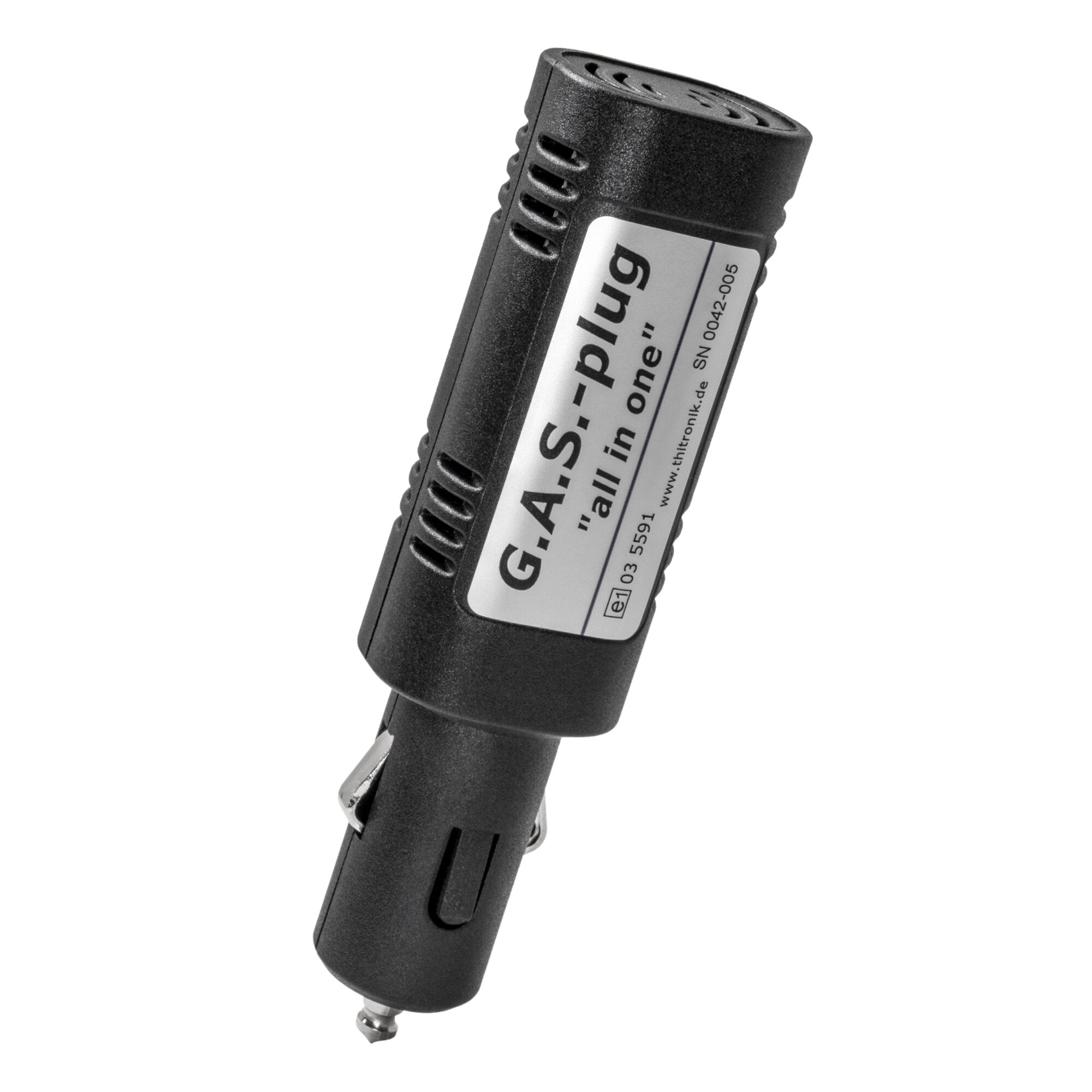 Schwarzer, zylindrischer Gaswarner-Plug mit seitlichen Lüftungsschlitzen und silbernem Etikett mit der Bezeichnung G.A.S.-plug all in one
