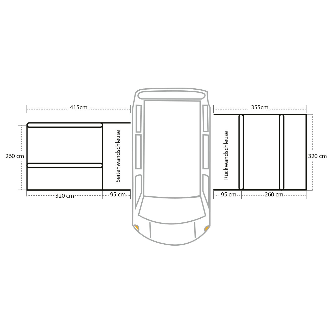 Top-Ansicht eines Fahrzeugs mit zwei seitlichen Vorzelt-Anbauten, linkes 320×260 cm, rechtes 260×320 cm, Verbindungsbereiche