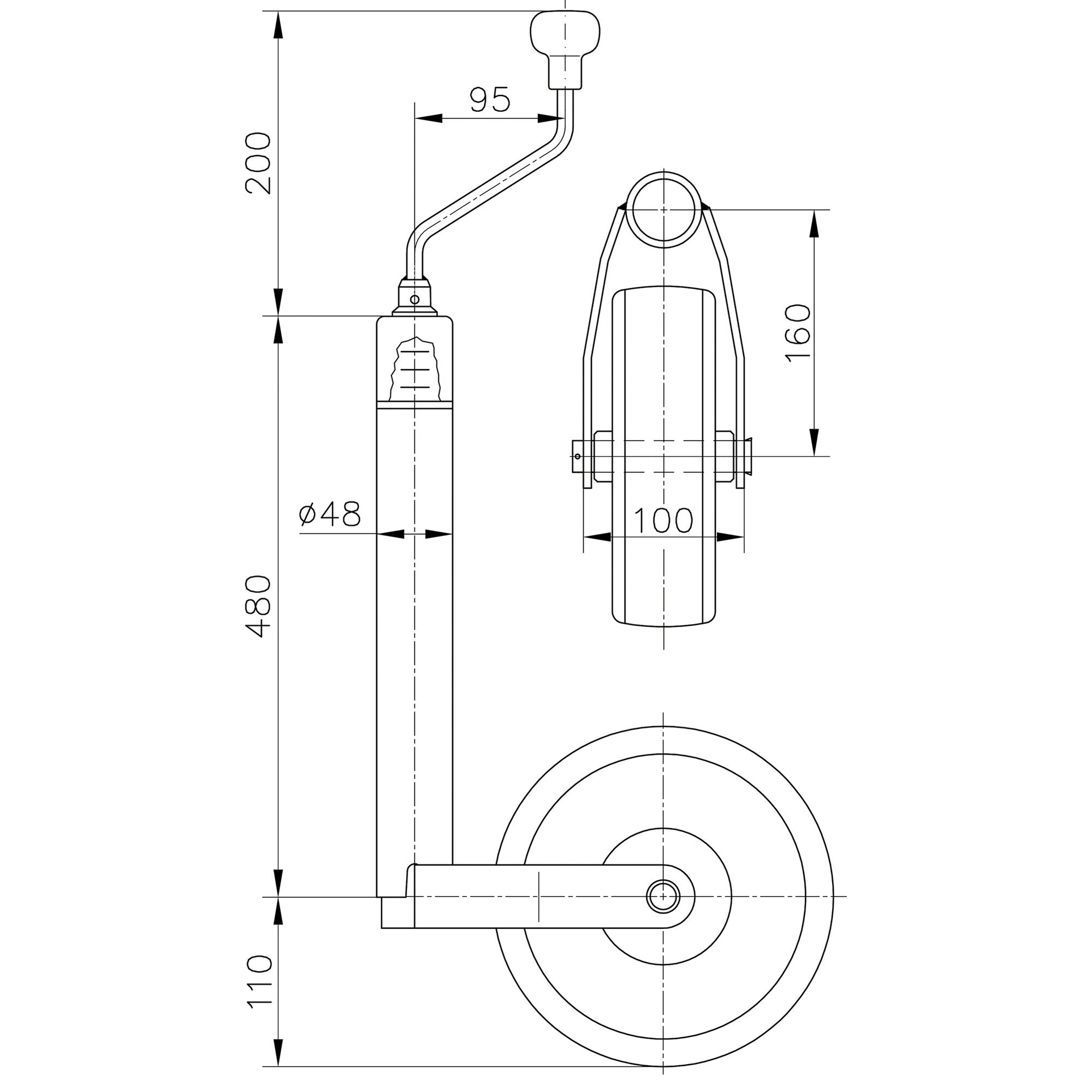 Technische Zeichnung eines Deichsellaufrades mit Stützlastanzeige; gebogener Arm, Knopf, Kunststofffelge 215 x 70 mm, Maße sichtbar