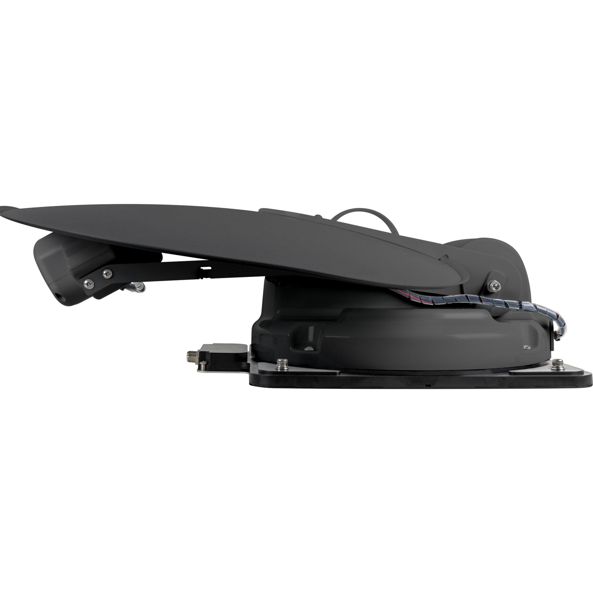 Graphitgraue Caravanman 55 Professional GPS Sat-Antenne, seitlich sichtbar mit Tragarm, Montagerahmen und sichtbaren Kabeln