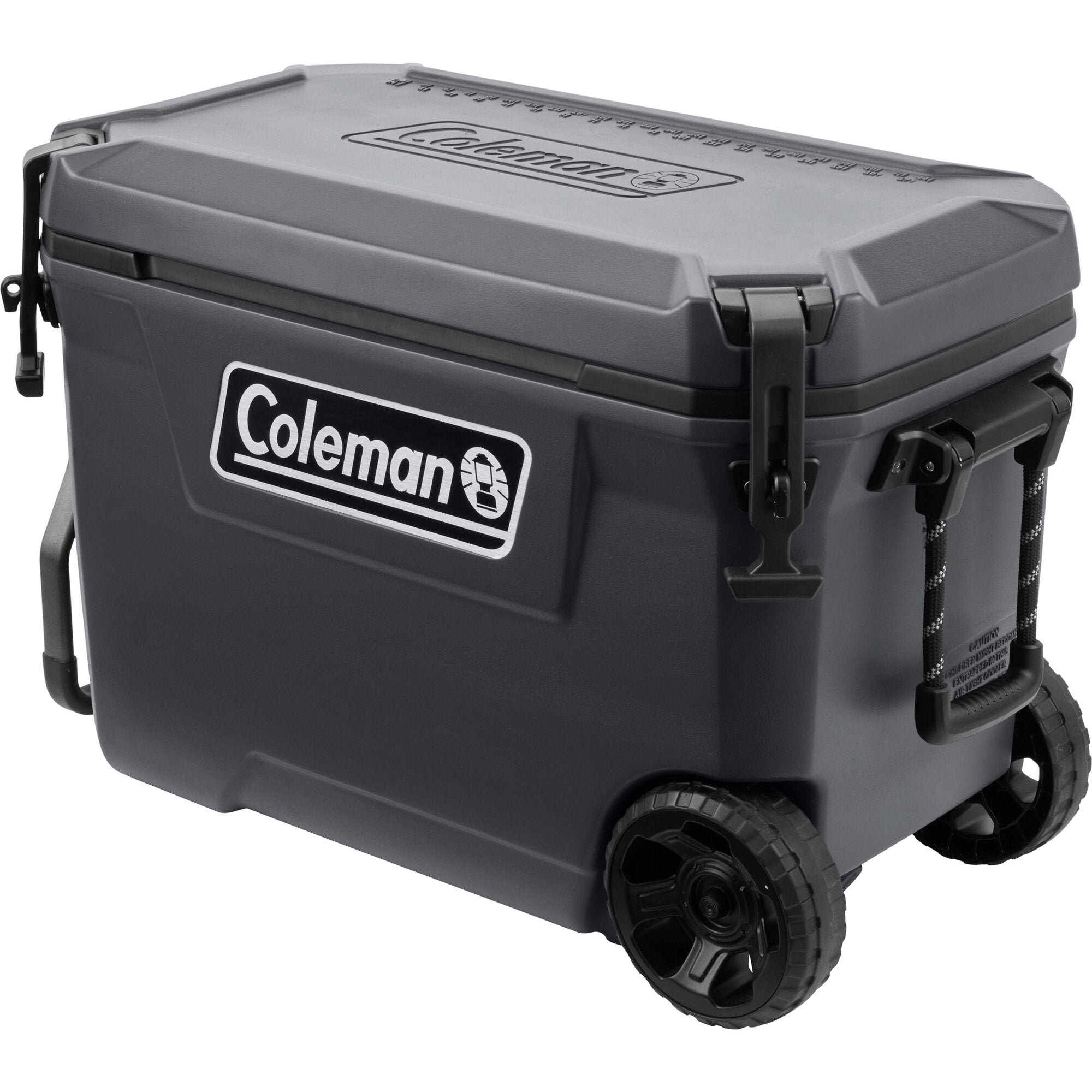 Grauer Coleman Convoy 65 QT Kühlcontainer mit Deckel, zwei großen Rädern, festen Verschlüssen und Tragegriffen, Logo sichtbar