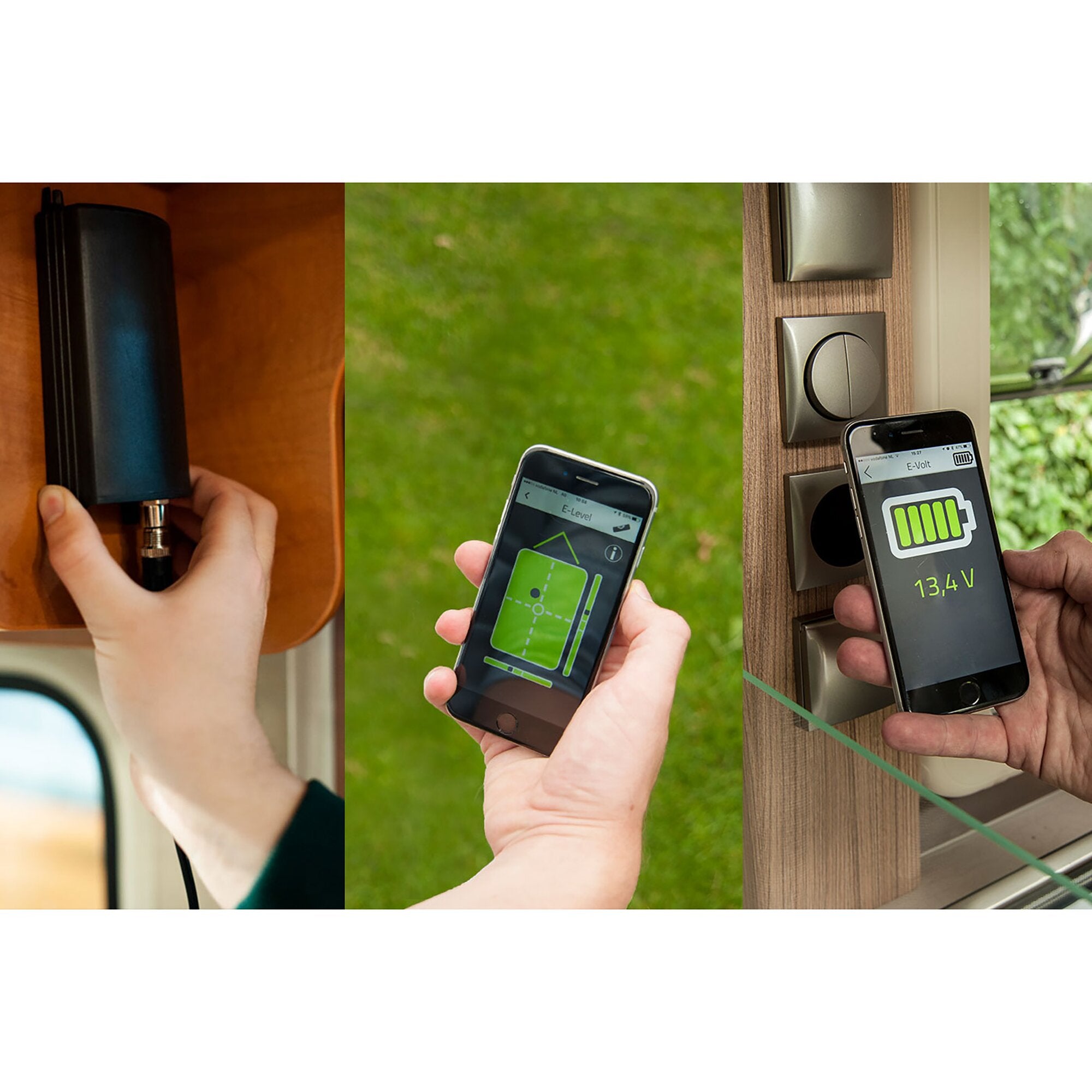 Collage aus drei Bildern: links Hand hält schwarzen zylindrischen Messsensor, mitte Smartphone mit grüner Grafik, rechts Smartphone zeigt Batterieanzeige 13,4 V vor Holzoberfläche