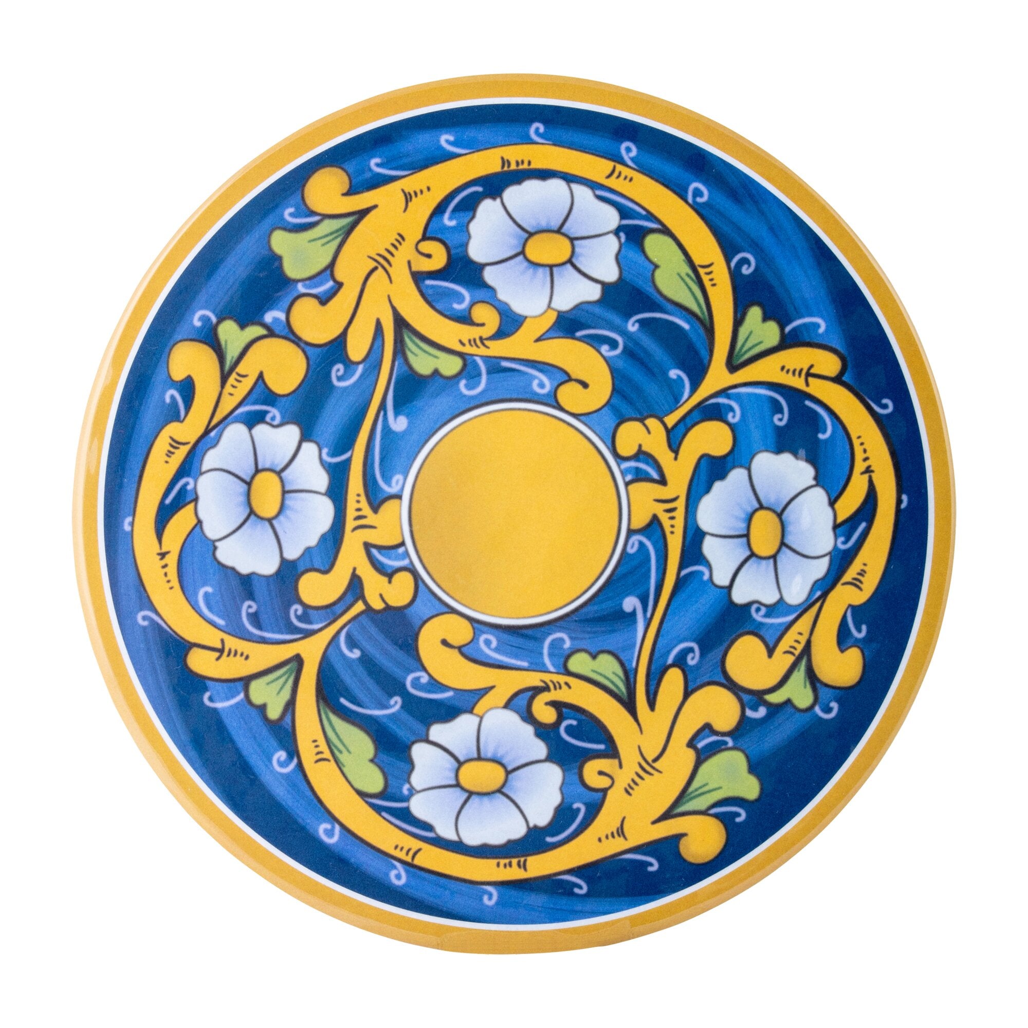 Runder Teller aus dem Sicilian 16-teiligen Geschirrset, blaues Innenfeld mit gelbem Ornamentrahmen, weiße Blüten und grüne Blätter mit gelbem Rand
