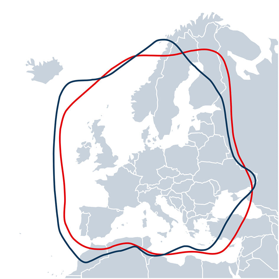 Kartenabbildung Europas mit zwei überlappenden Konturlinien in Rot und Blau, die den Kontinent umschlingen und Satellitenabdeckung symbolisieren