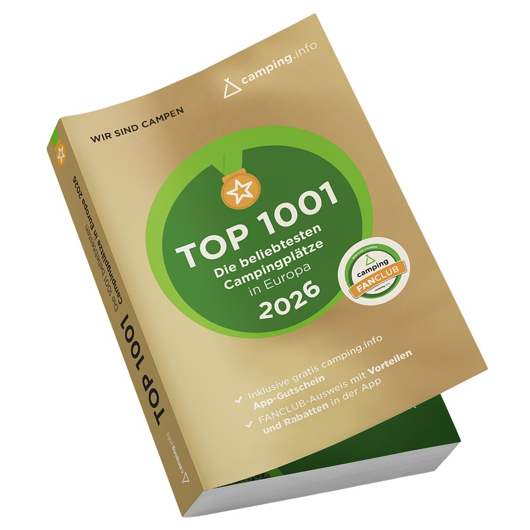 Frontseite eines Buches mit goldenem Cover und grünem Kreis, Titel TOP 1001 Die beliebtesten Campingplätze in Europa 2026, camping.info-Logo und Fanclub-Sticker