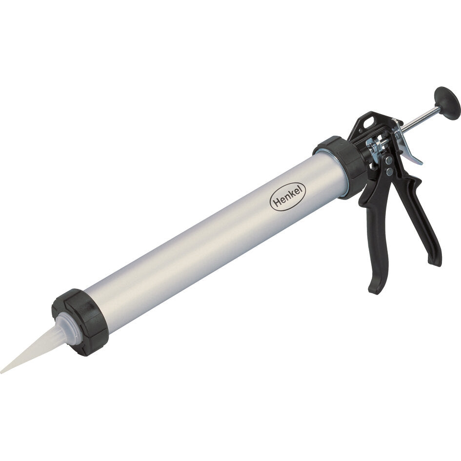 Handpistole aus Aluminium XL für 600 ml Beutel, silberner Zylinder mit Henkel-Logo, schwarzer Auslösergriff, Frontaufsatz