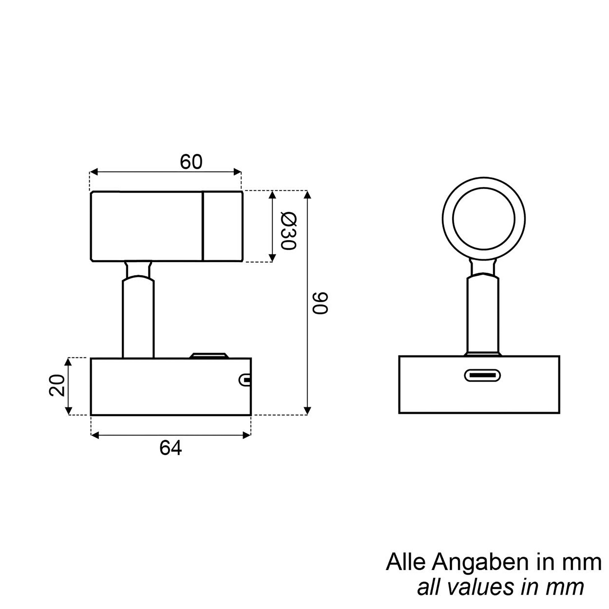 Technische Zeichnung einer Aufbauleuchte mit rechteckigem Leuchtenkörper, Stativ und rundem Lampenkopf; Basis mit USB-C-Port, Maße in mm (Ø30, 64, 96)
