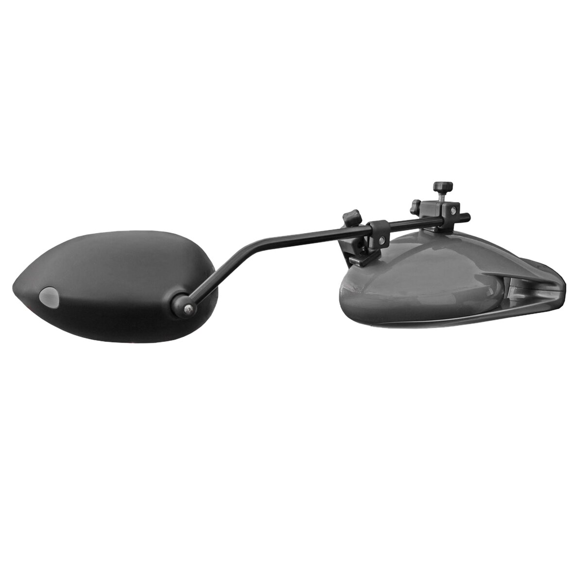 Zwei Caravanspiegel Aero 4 Mirror Convex XL an einer gemeinsamen Verbindungsstange mit Montageklammern, linker Spiegel schwarz größer, rechter Spiegel grau