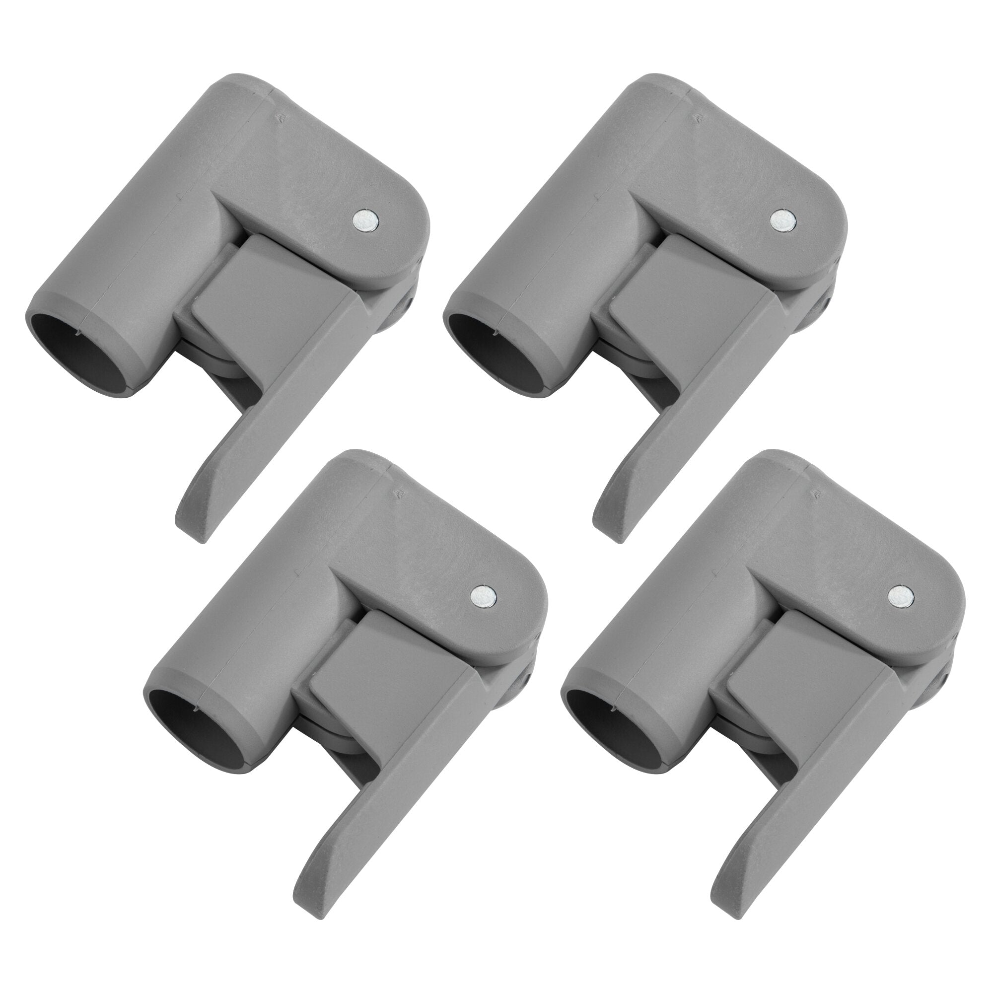 Zwei identische graue Easy Grip Schnellverschlüsse 4, 22 mm aus Kunststoff mit rundem Oberteil und Metallpin, diagonal angeordnet