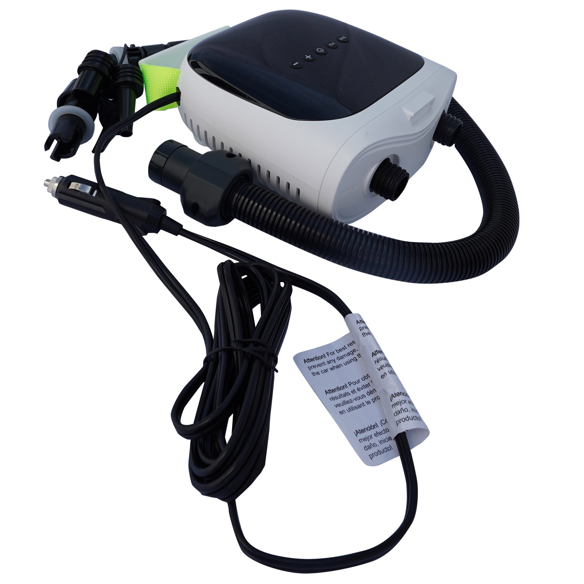 Elektrische Luftpumpe mit grauem Gehäuse und schwarzer Oberseite, flexibler Schlauch, Ventiladapter und Kabel sichtbar