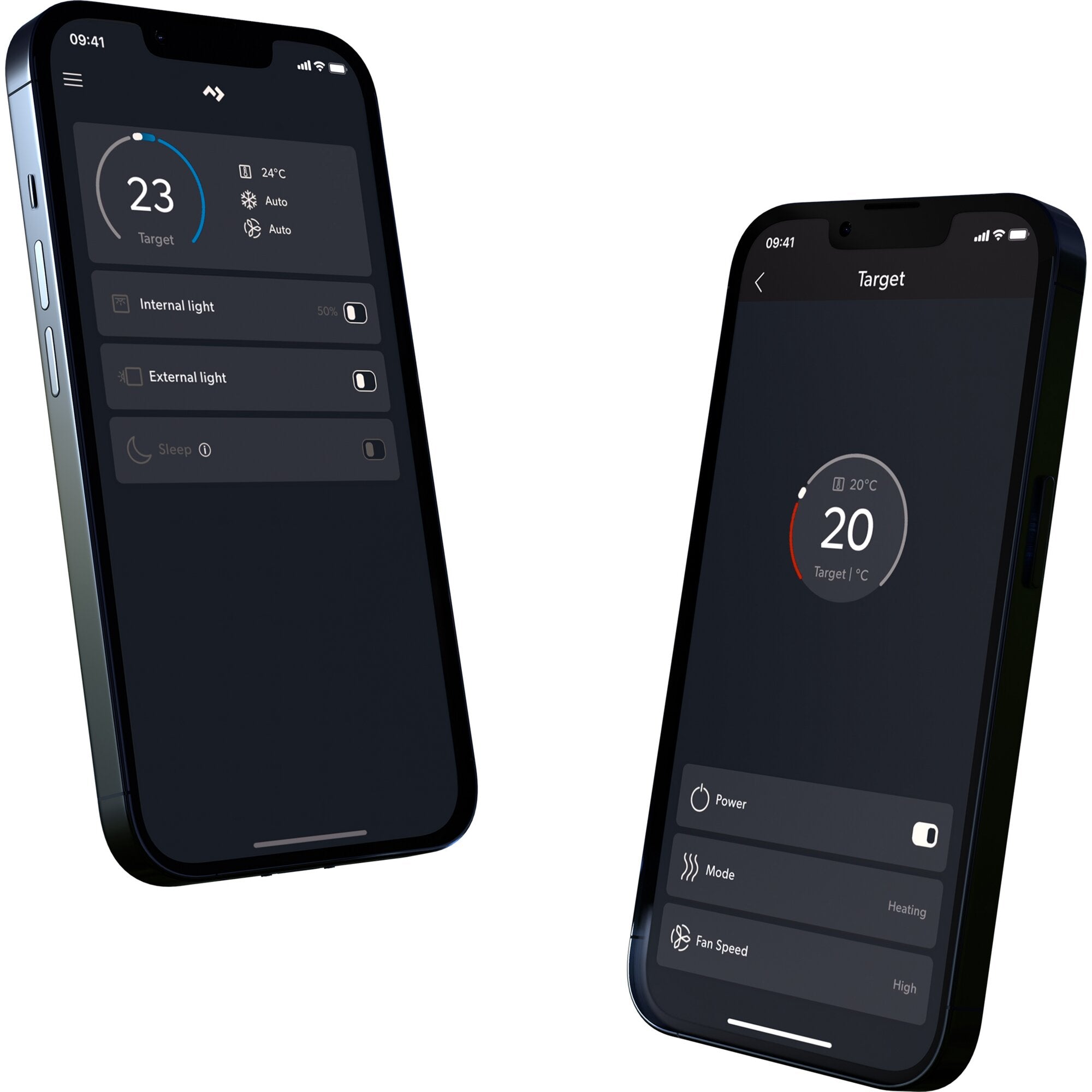 Zwei Smartphones zeigen eine dunkle Klima-App mit Zieltemperatur, links 23°C und rechts 20°C, sowie runde Temperaturanzeige und Einstellungen