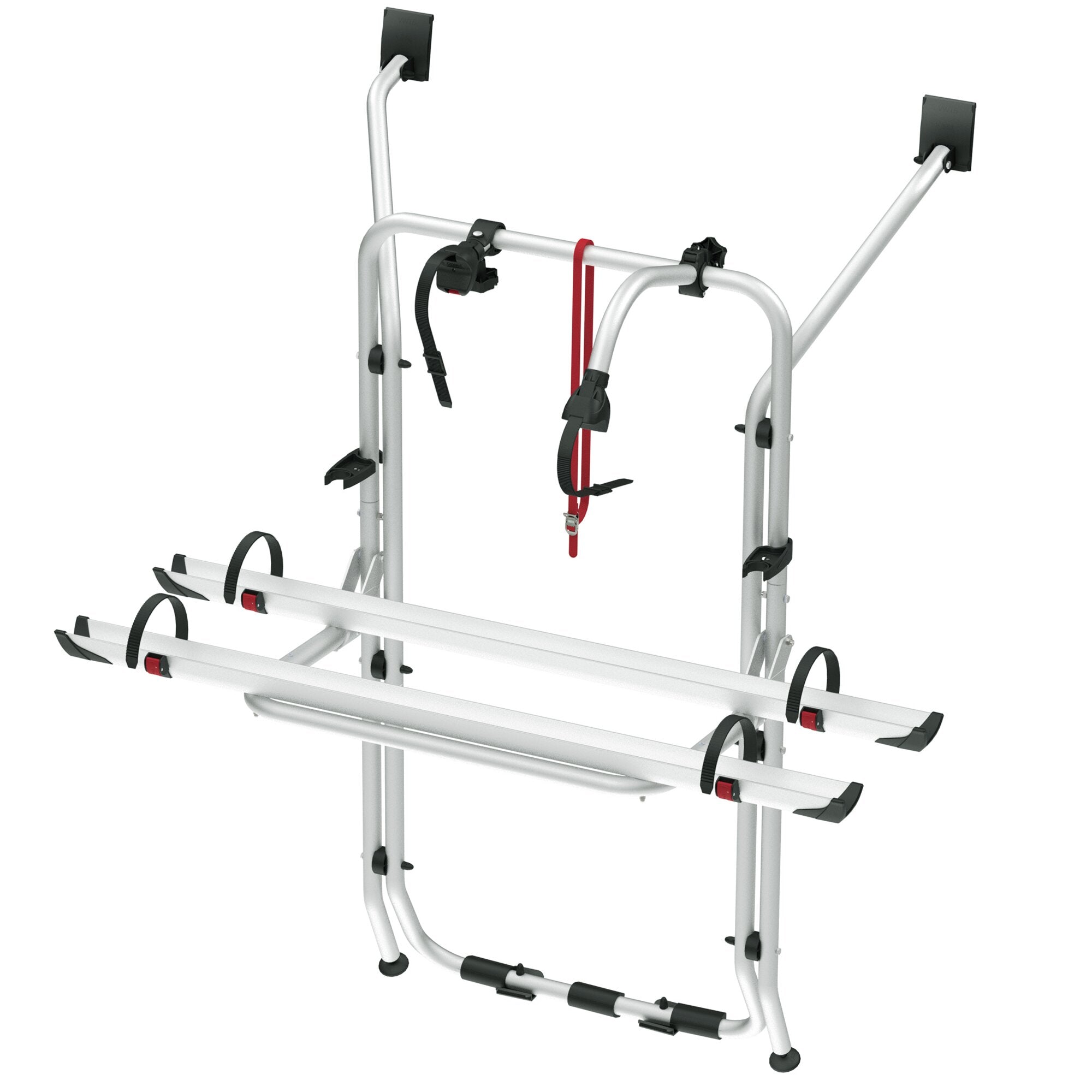 Carry-Bike VW T6 Fahrradträger aus Aluminium mit zwei vertikalen Stangen, Halteclips, roten Spanngurten und Bodenhalterungen