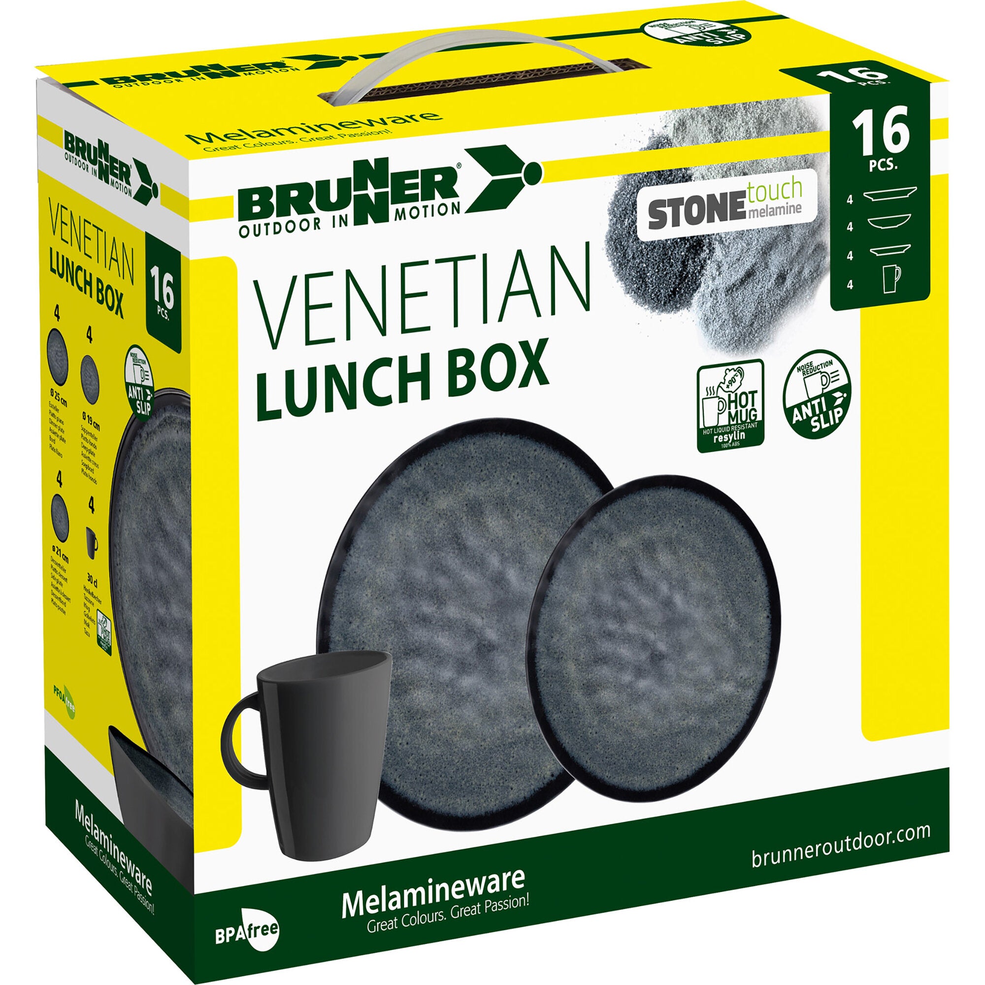Brunner Venetian Lunch Box 16-teiliges Melaminware auf gelber Verpackung; zwei dunkel marmorierte Teller und eine schwarze Tasse sichtbar