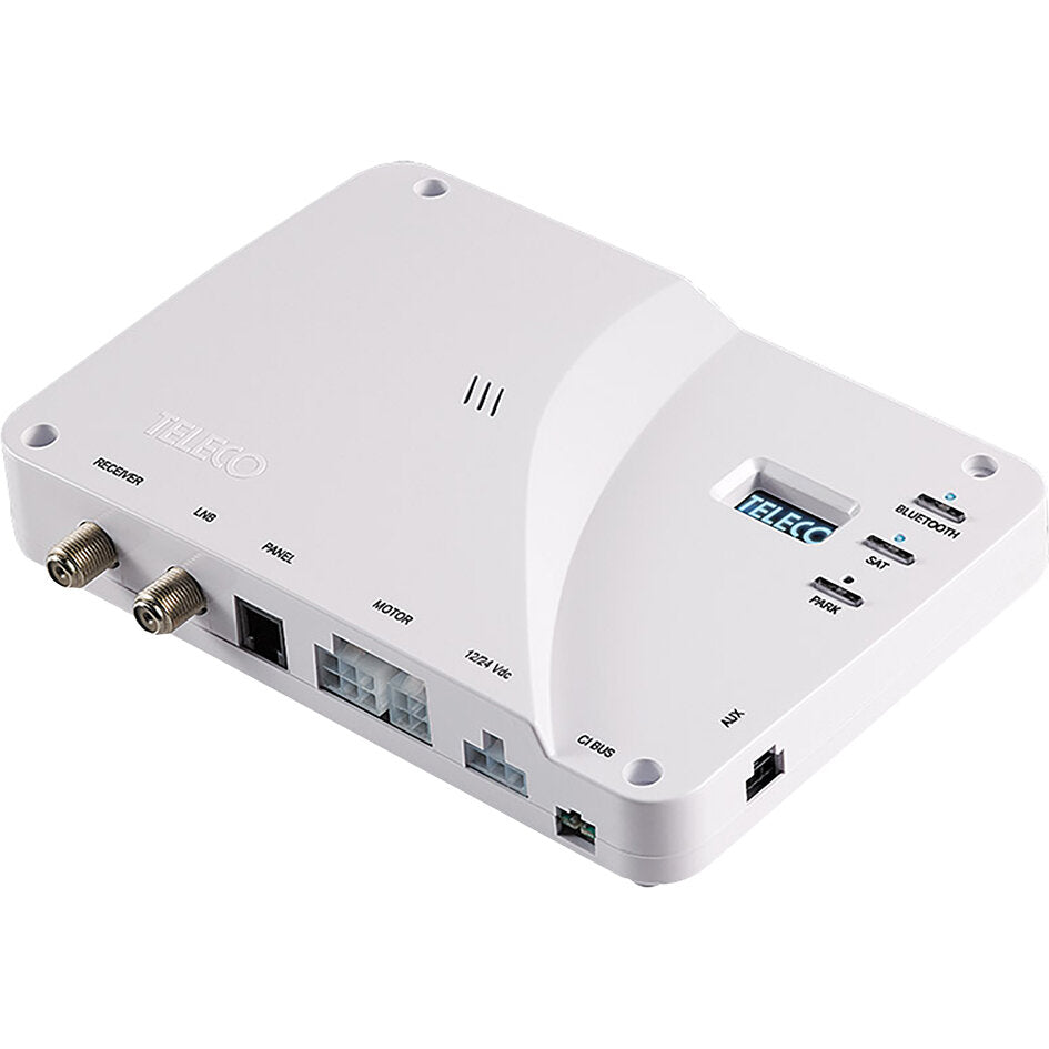 Weiße kompakte Sat-Steuereinheit mit gewölbter Oberseite, zwei Koaxialanschlüsse vorne, Ethernet-Port, Stecker und Bluetooth-Schalter