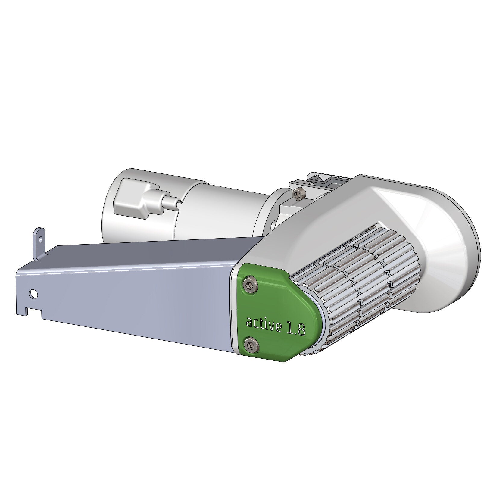 Easydriver active 1.8 Getriebeeinheit links, grauer Motor mit Kühlrippen, grüne Abdeckung mit Aufschrift active 1.8 und montierte Grundplatte