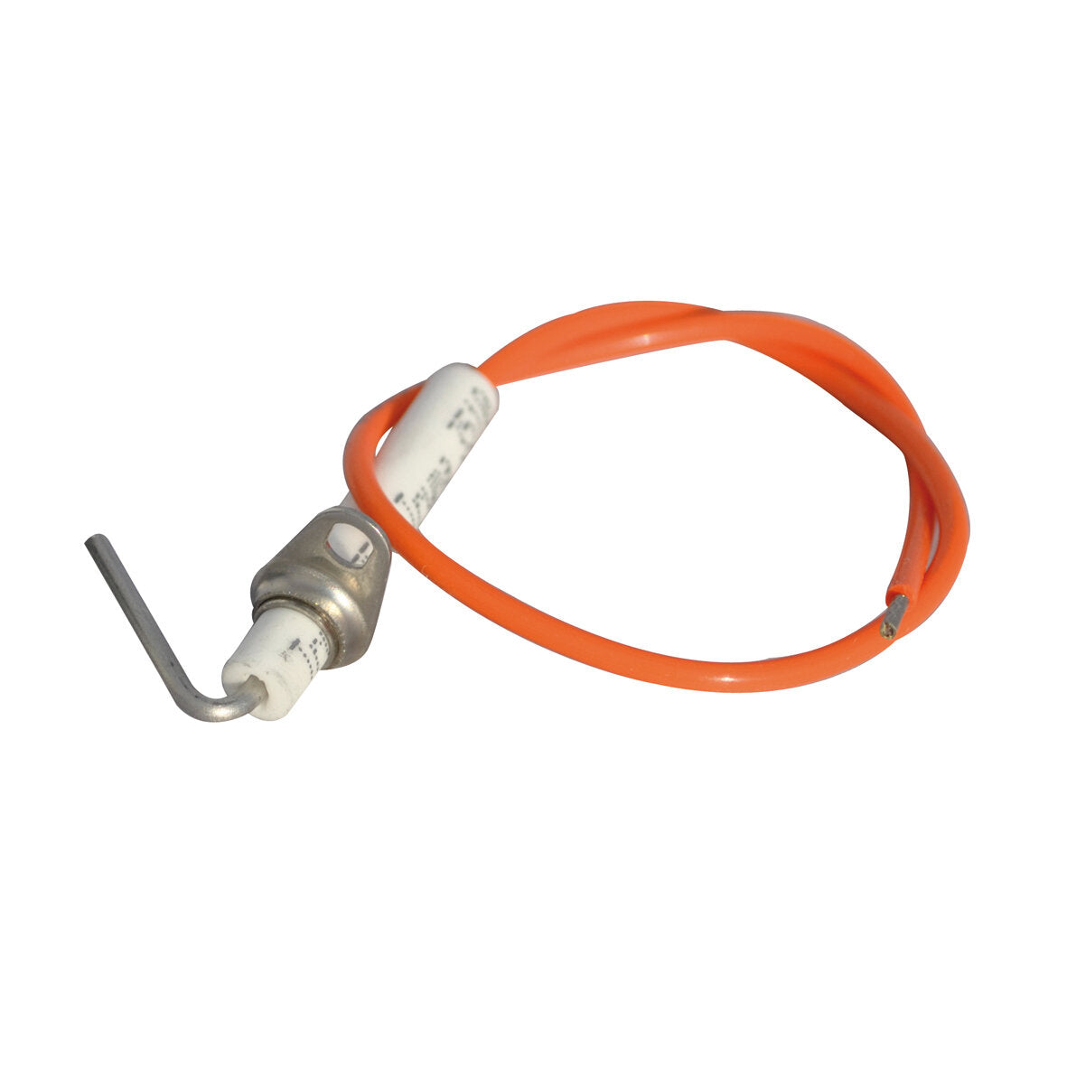 Kleiner Sensor mit orangefarbenem Kabel, weißem Keramikzylinder und abgewinkeltem Metallkontakt am Ende, typisch für eine Überwachungskerze