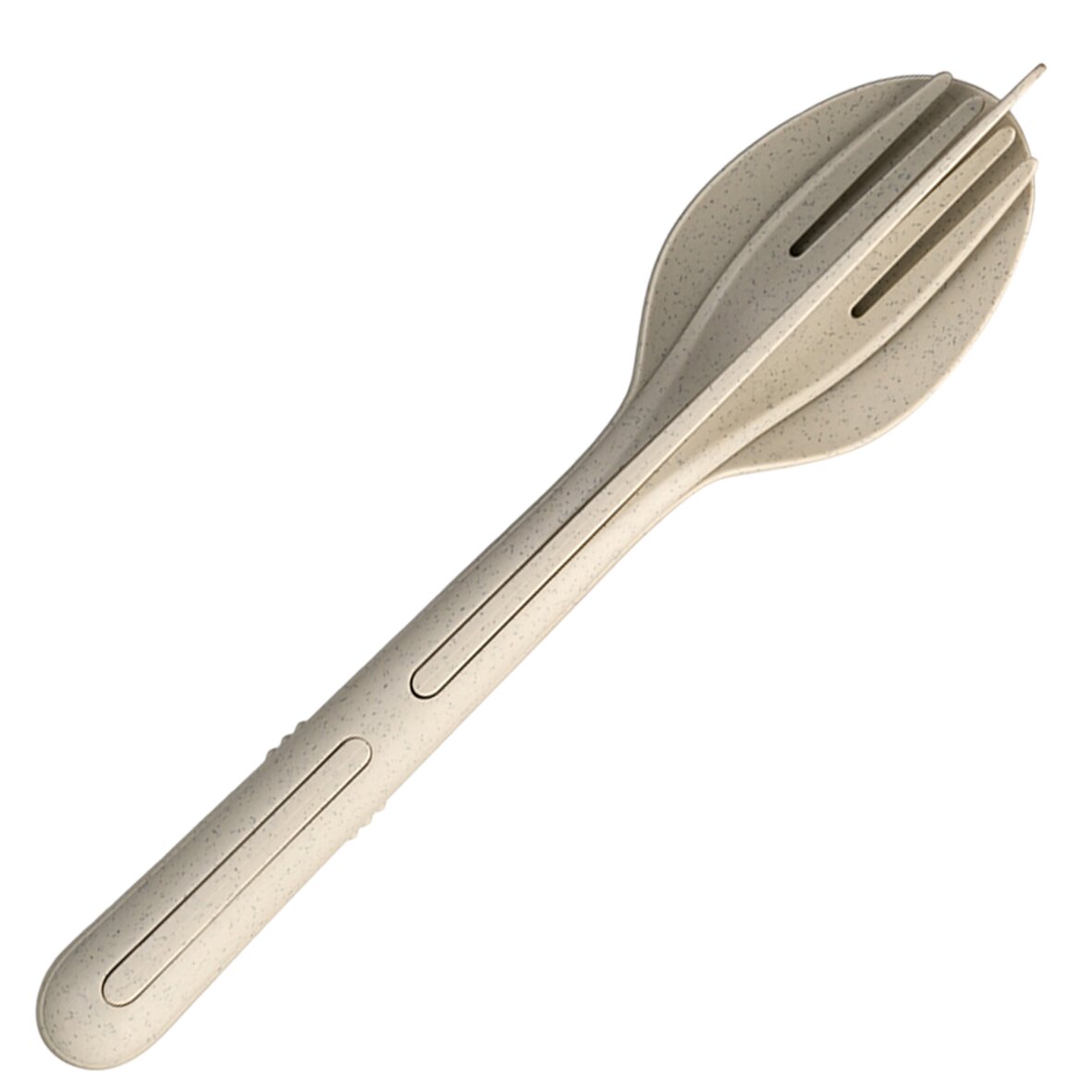 Beigefarbenes, gesprenkeltes Küchenutensil mit flachem ovalem Kopf und zwei parallelen Schlitzen, langer Griff