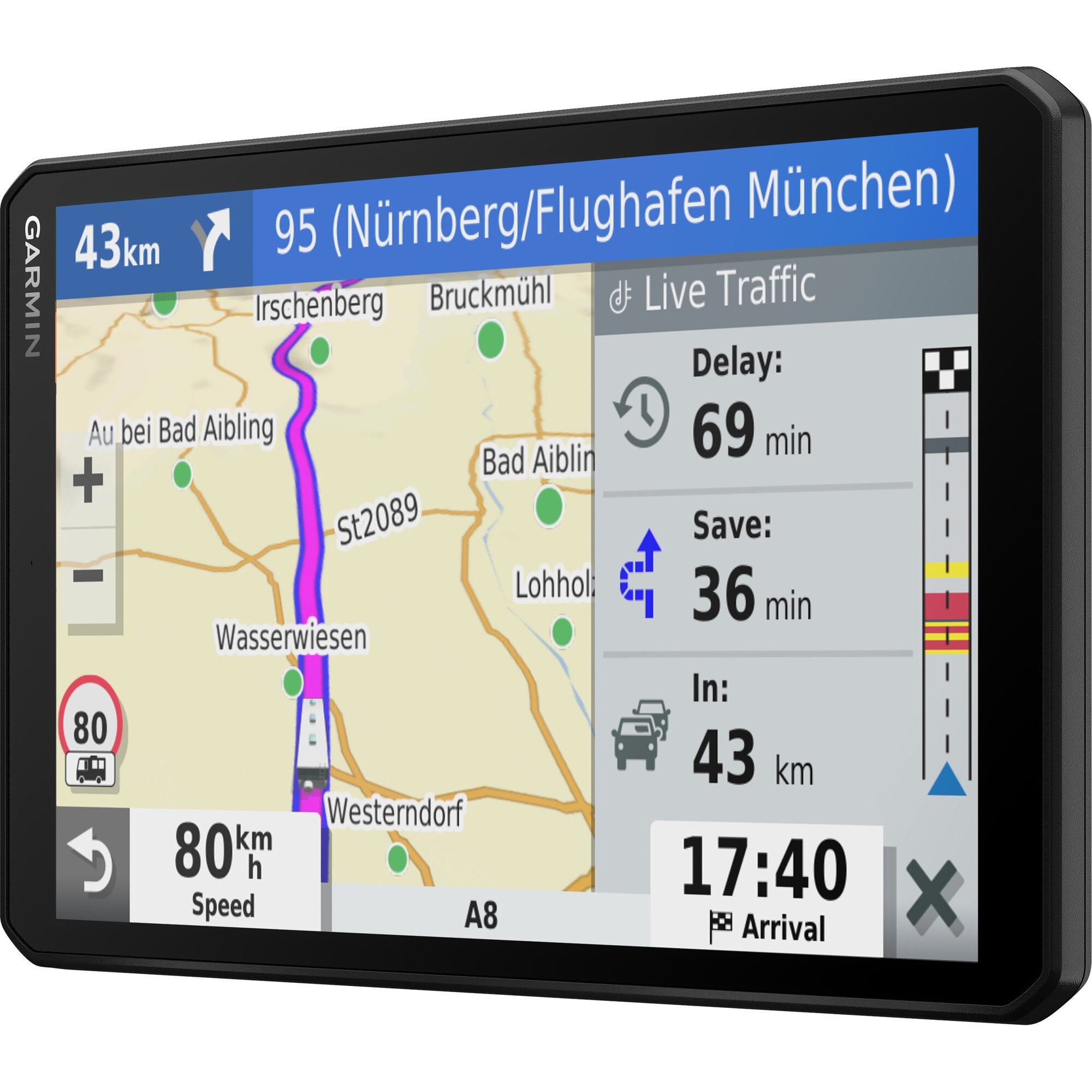 Bedienteil Garmin VIEO RV, 8 Zoll, zeigt Kartenansicht mit blauer Route, Rechts Live-Traffic-Info und Ankunftszeit 17:40