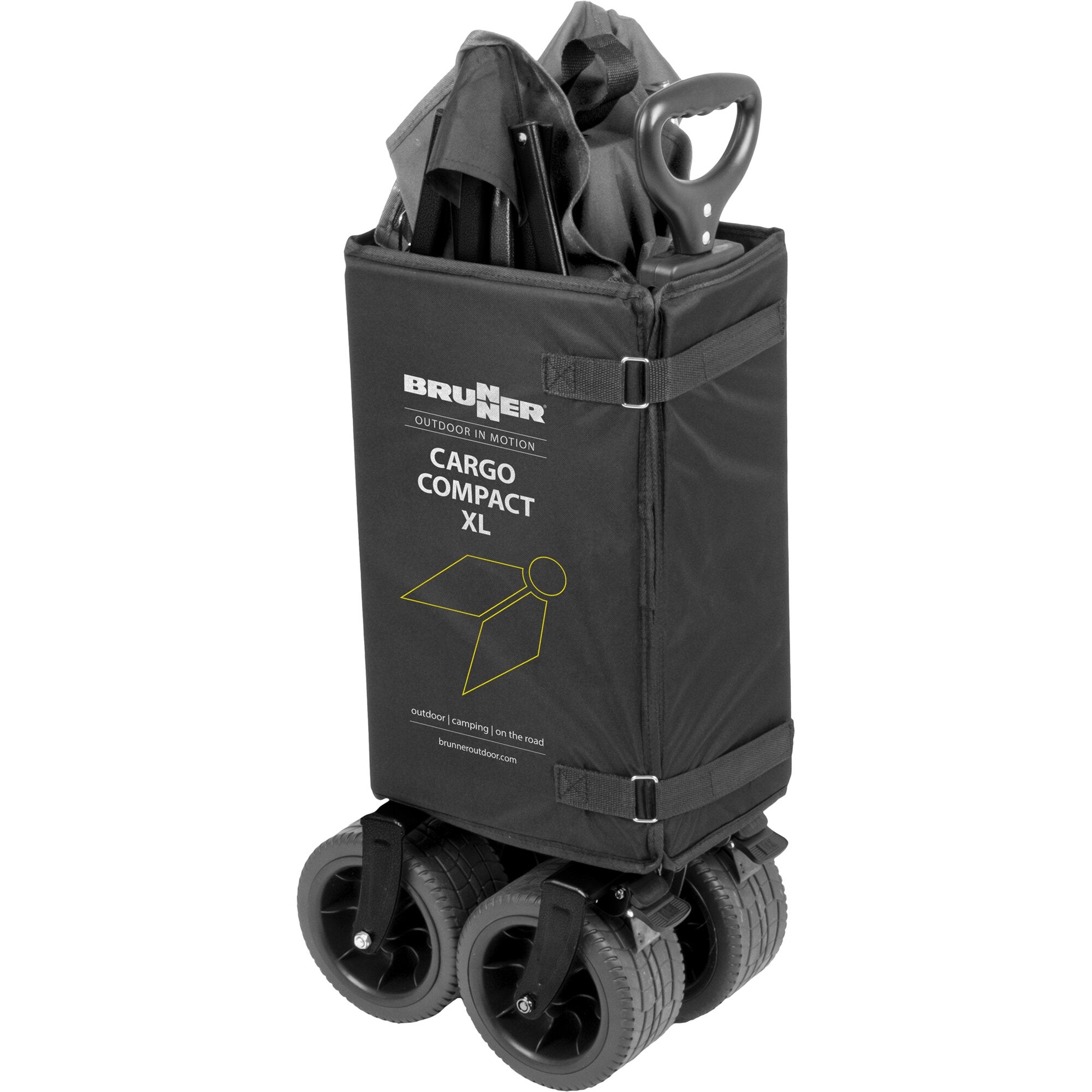 Schwarze Tragetasche des faltbaren Bollerwagens Cargo Compact XL, aus der Oberseite ragende Werkzeuge, unten vier Rollen und Tragriemen