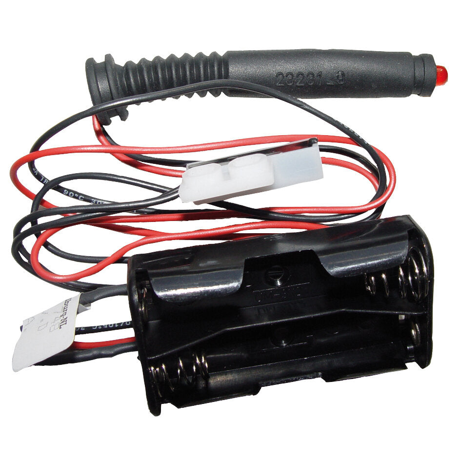 Schalter mit Kabelsatz, schwarzer Taster mit gummierter Griffzone, rotem LED-Kopf, rote und schwarze Leitungen, weißer Stecker, Batteriefach mit Federn