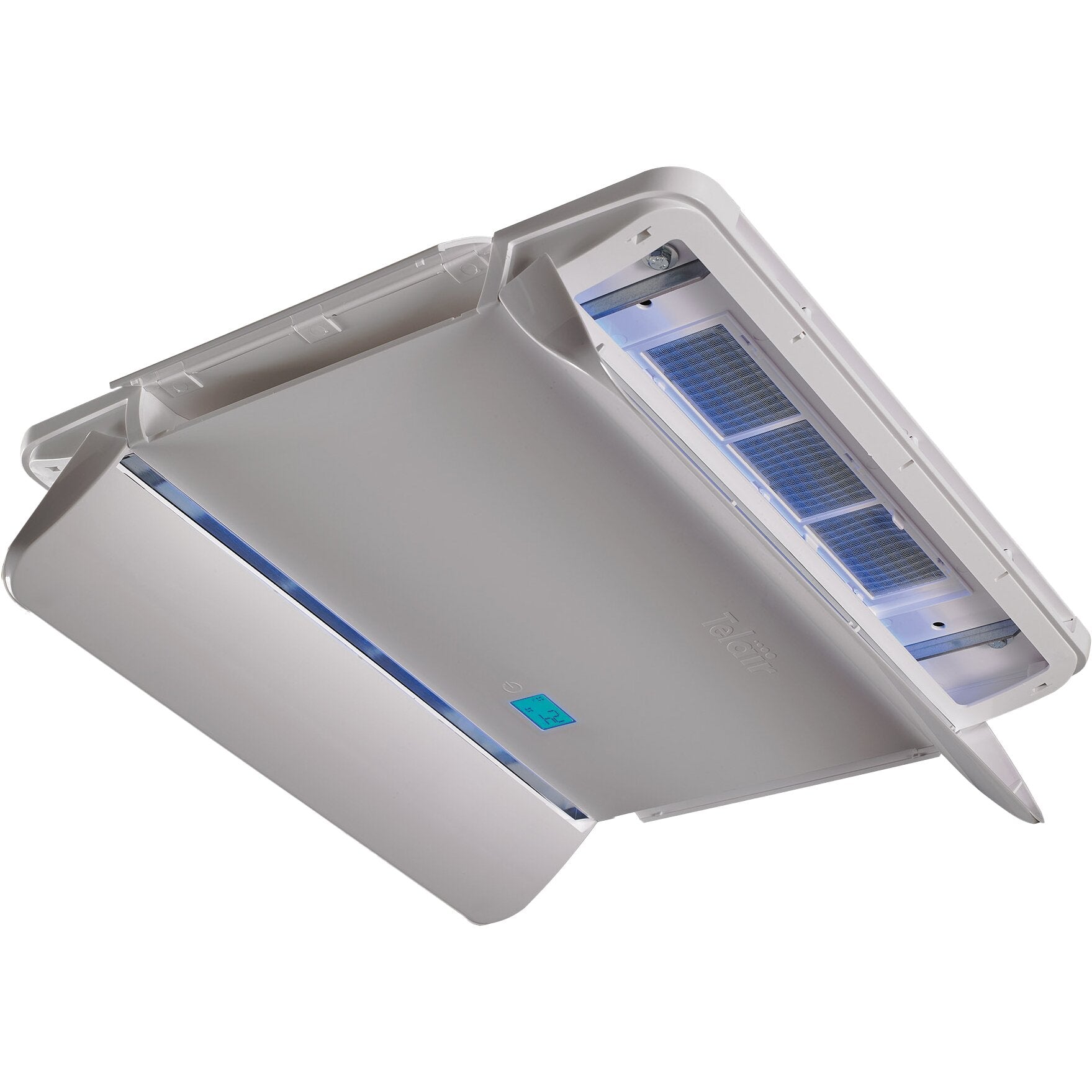 Telair Clima e-Van 3 7400H Klimaanlage, weißes Gehäuse, geöffnetes Frontpanel mit blauen Filtergittern und Display, Perspektive von unten