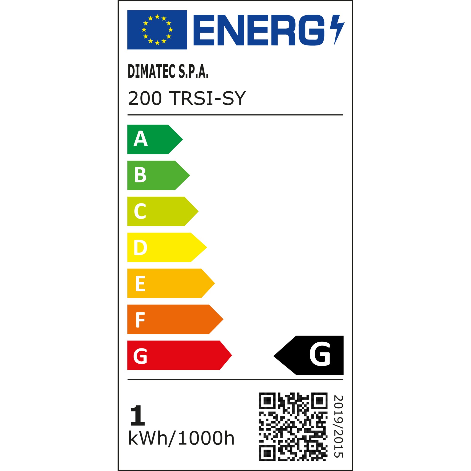 EU-Energieetikett mit EU-Flagge und Blitzzeichen, DIMATEC S.P.A., 200 TRSI-SY, farbige A-G Energieskala mit Pfeilen, QR-Code und 1 kWh/1000h