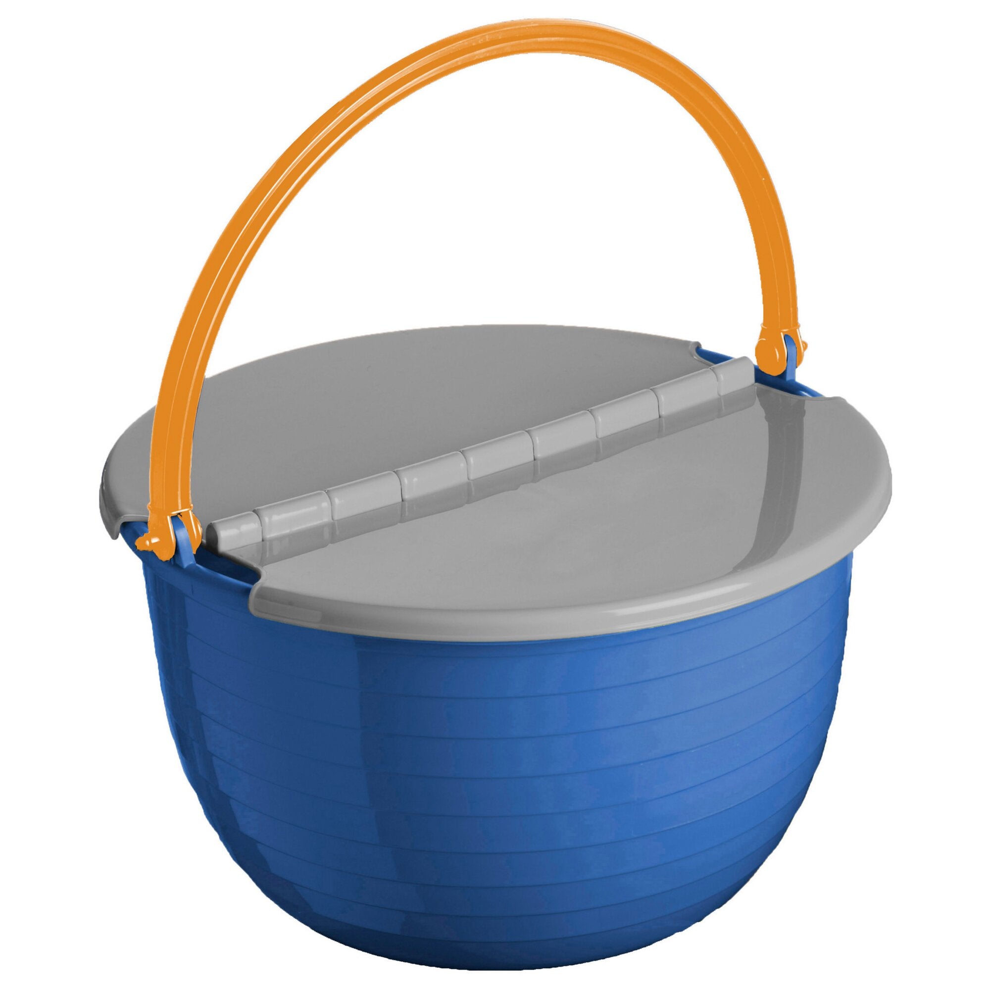Deckel Vincap auf blauem Fass, grauer Deckel mit Rippen, orangefarbener Bogen über dem Deckelrand und blaue Verriegelungsteile