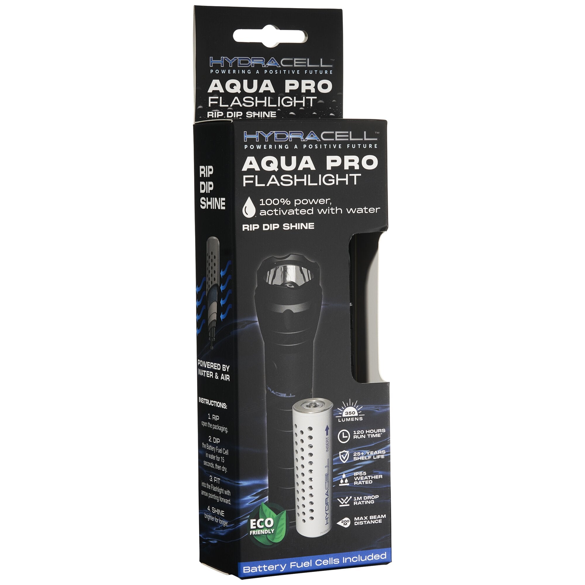 Schwarze Verpackung einer AQUA PRO Taschenlampe, Vorderseite zeigt AQUA PRO FLASHLIGHT, Hydracell-Logo und Hinweis Batterien enthalten