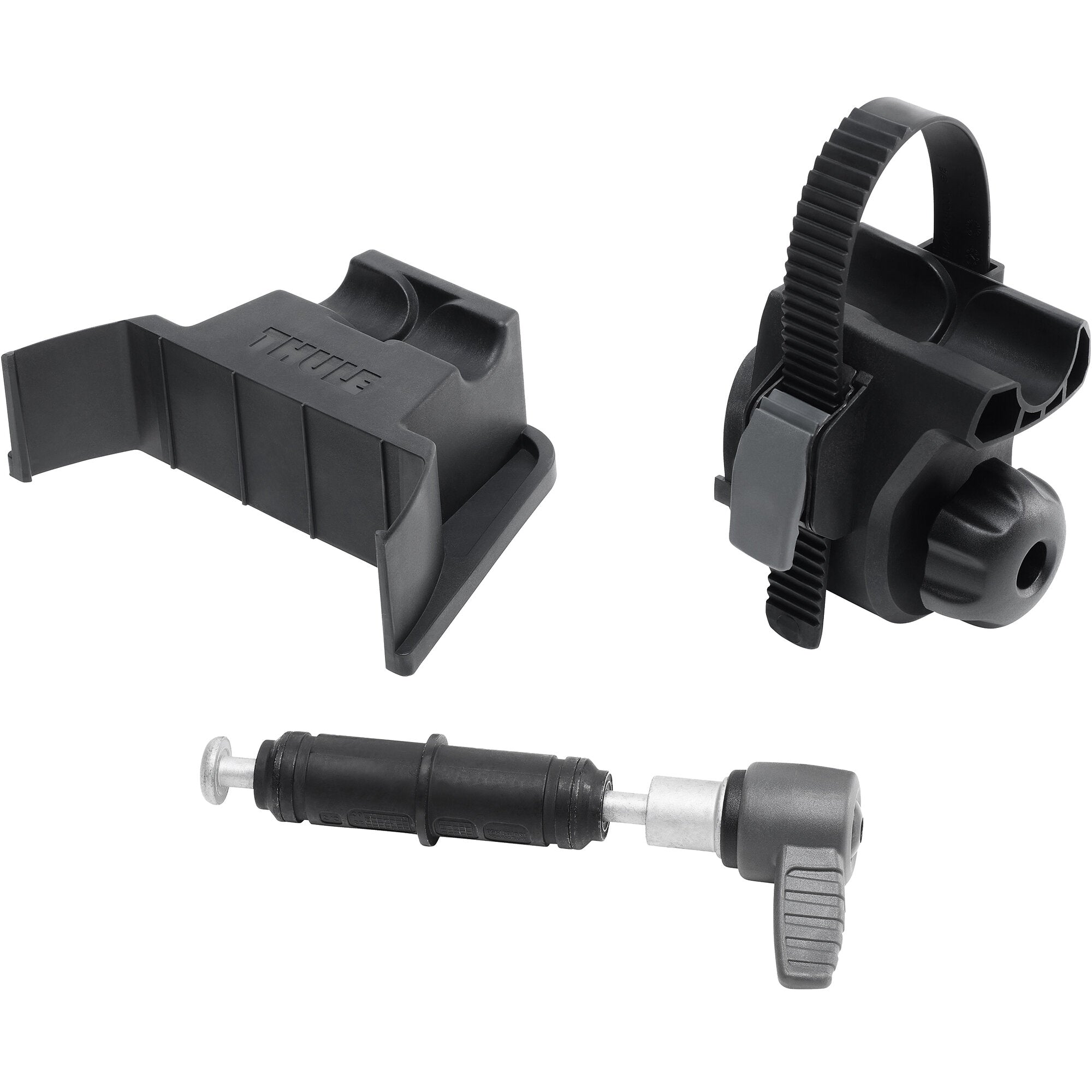 Detailaufnahme eines Fork Mount Adapter Kit, Quick Release, mit schwarzen Kunststoffteilen, Klemmmechanismus, gezacktem Ring und Griff vor weißem Hintergrund