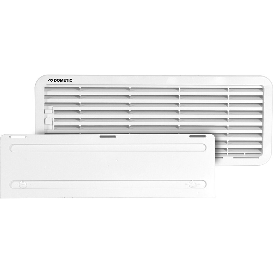 Weißes Lüftungsgitter-Set LS 200 mit horizontalen Lamellen und abnehmbarer Frontplatte, Dometic-Logo links oben sichtbar