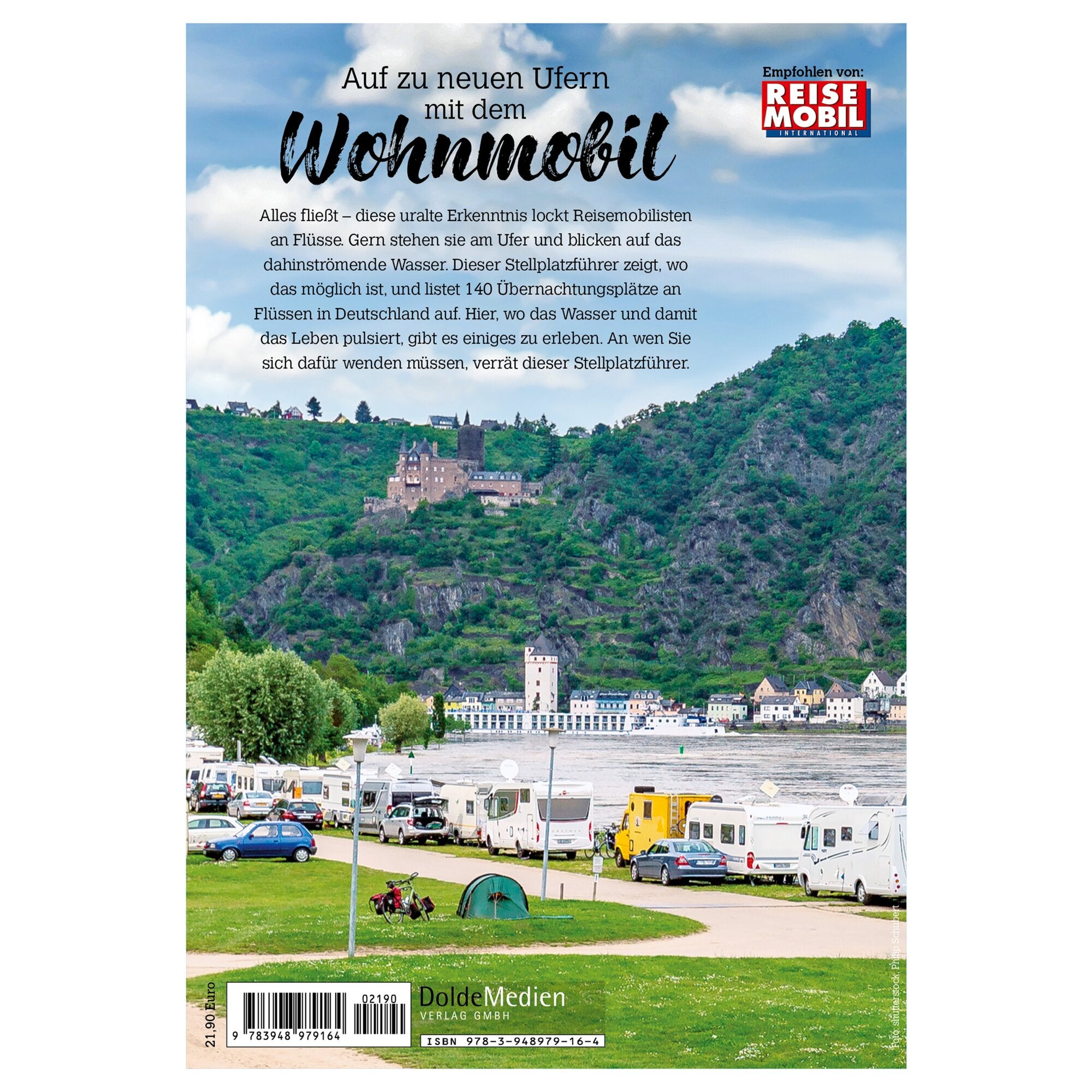 Rückseite des Stellplatzführers Schöne Flüsse zeigt eine Flusslandschaft mit Burg am Hang, Häusern am Wasser und vielen Wohnmobilen am Ufer, Barcode unten